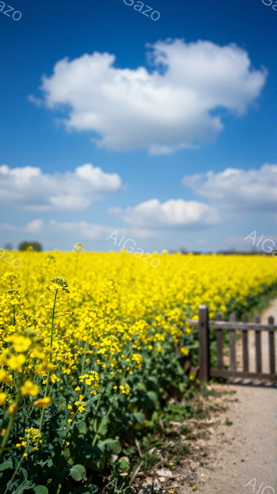 広大な菜の花畑が広がり、鮮やかな黄色が目に飛び込んでくる。背景には青空と白い雲が広がり、穏やかで暖かい雰囲気を醸し出している。手前にフェンスと土の道が確認でき、自然豊かな風景が広がっている。 - AI生成フリー素材