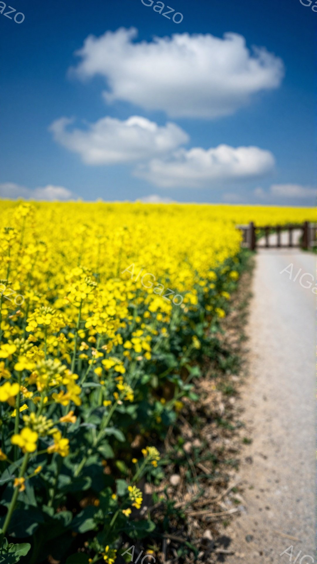 広大な菜の花畑が広がり、手前の道沿いには黄色い花が咲き乱れている。青空と白い雲が背景に広がり、暖かい春の雰囲気を醸し出している。手前に続く道はどこかへと続いており、自然豊かな風景が印象的である。 - AI生成フリー素材