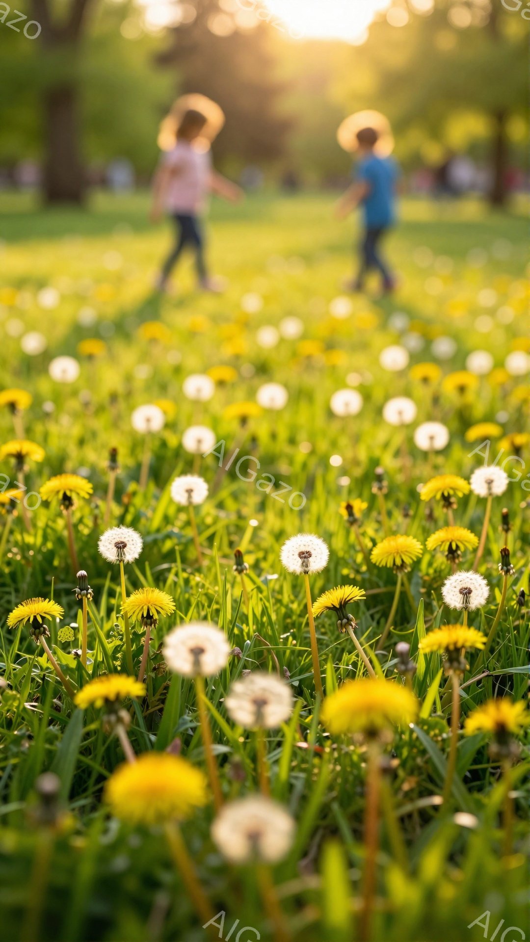 鮮やかな緑の草原にタンポポが咲き乱れ、背景にはぼんやりと子供たちが遊んでいる様子が見える。夕日の光が柔らかく差し込み、温かく穏やかな雰囲気を醸し出している。花びらが散り、綿毛になったタンポポも多く、夏の終わりのような情景が表現されている。