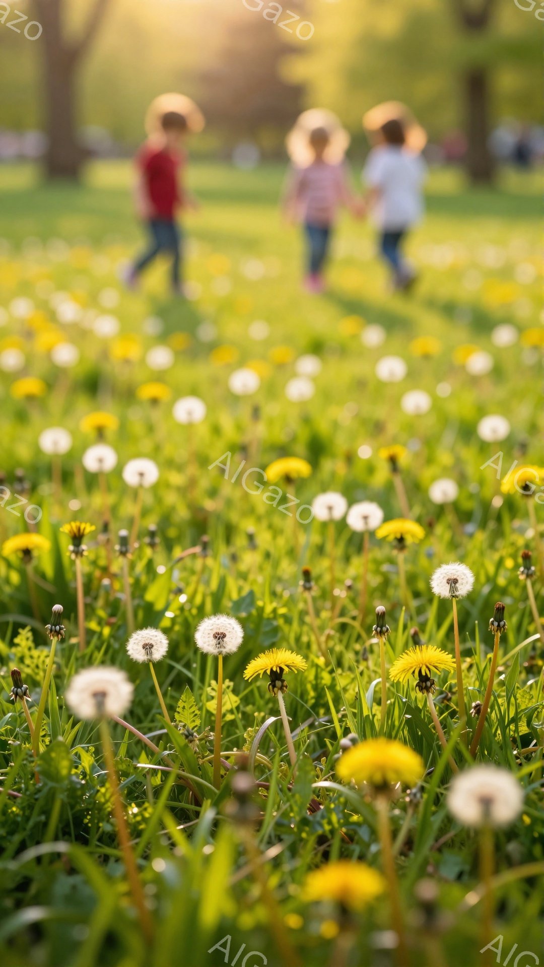 広野にタンポポが咲き乱れ、手前の草花がピントに合っている。背景には、遊んでいる子供たちのぼやけた姿が見え、春の穏やかな一日を思わせる。太陽の光が柔らかく差し込み、暖かく優しい雰囲気を醸し出している。 - AI生成フリー素材