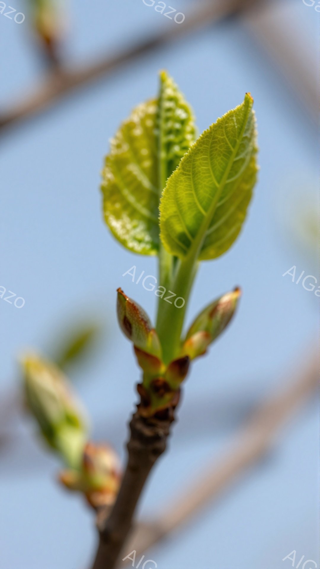枝に新しい芽が数個見られます。柔らかい緑色で、春の訪れを感じさせる鮮やかなコントラストが印象的です。空は穏やかな青色で、新芽との調和が美しい一枚です。 - AI生成フリー素材