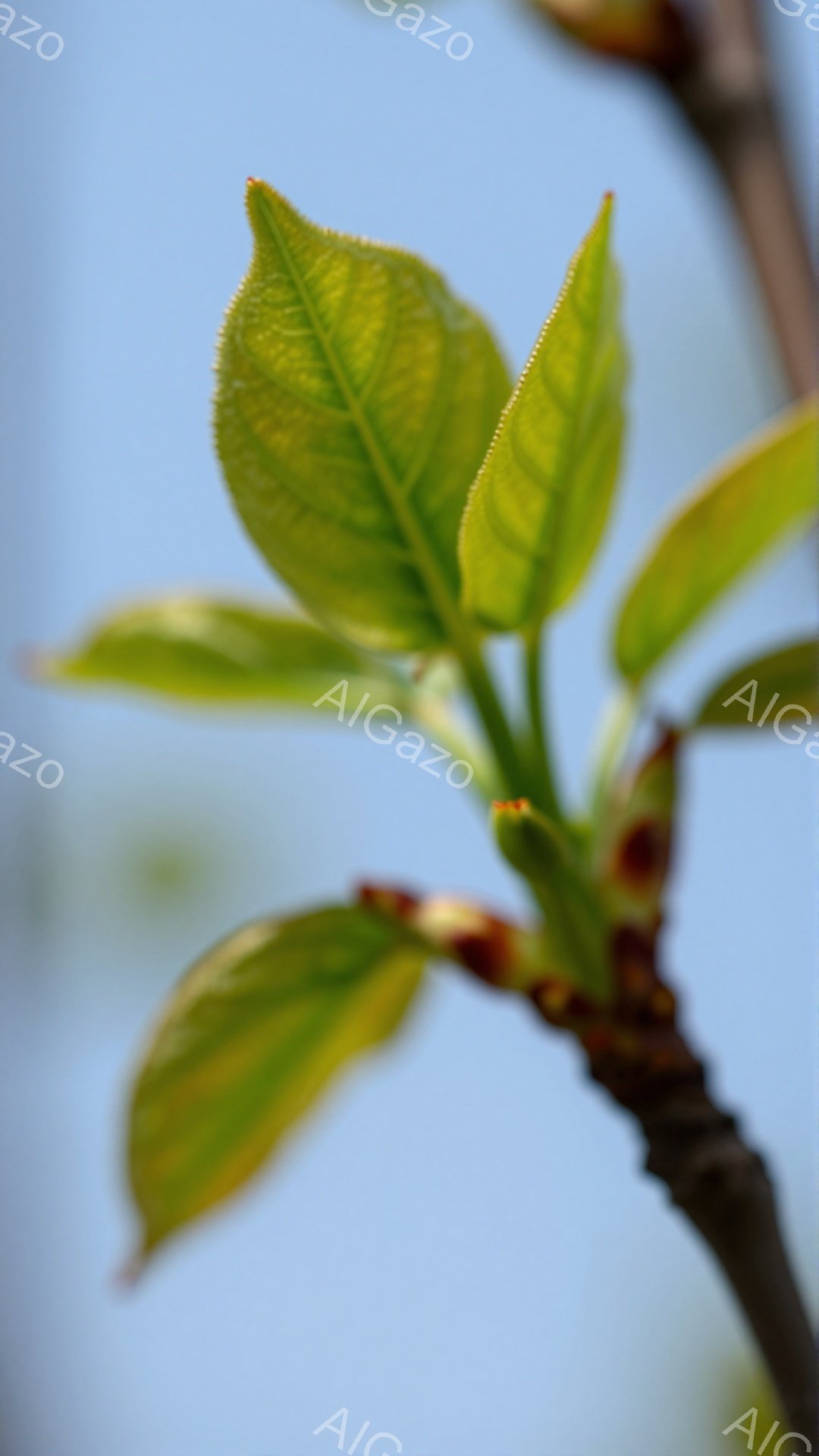 若々しい新芽が枝から伸びています。明るい緑色と繊細な葉脈が春の訪れを感じさせます。背景は穏やかな青空で、生命力に満ちた様子が印象的です。 - AI生成フリー素材