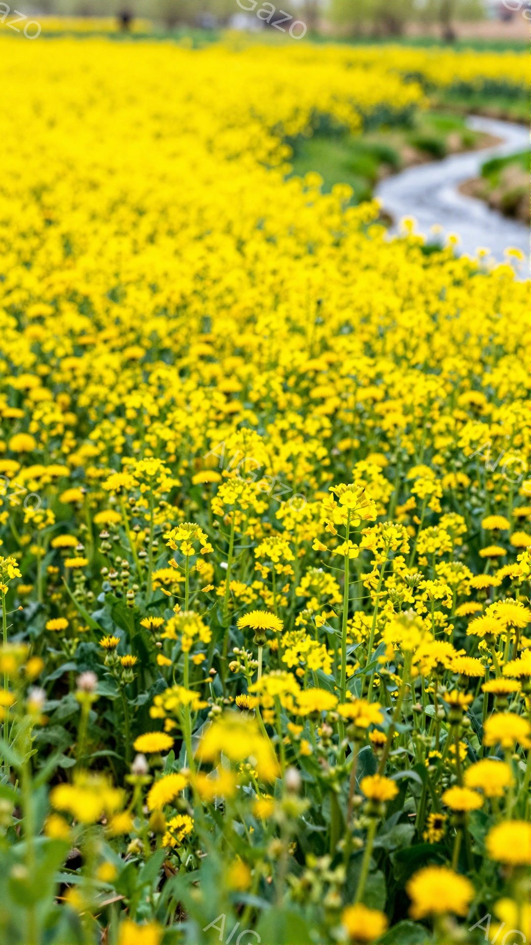 広大な菜の花畑が咲き乱れ、春の訪れを告げている。緑の茎と鮮やかな黄色の花がコントラストを生み、明るく暖かい雰囲気を醸し出している。遠くには細い水路が流れ、穏やかな風景を作り出している。 - AI生成フリー素材