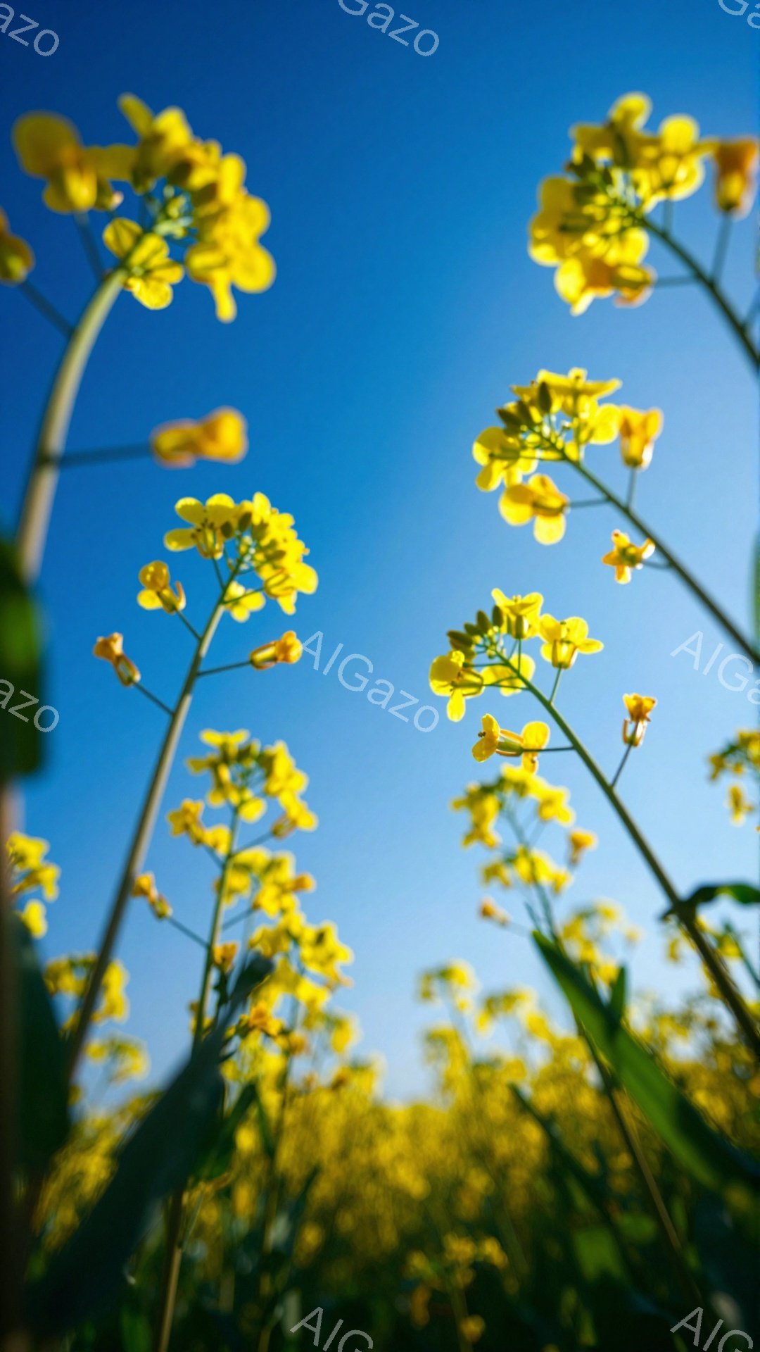 空を見上げる菜の花畑が広がっている。鮮やかな黄色い花が太陽の光を浴びて、生命力に満ち溢れている。青空とのコントラストが美しく、春の訪れを感じさせる。