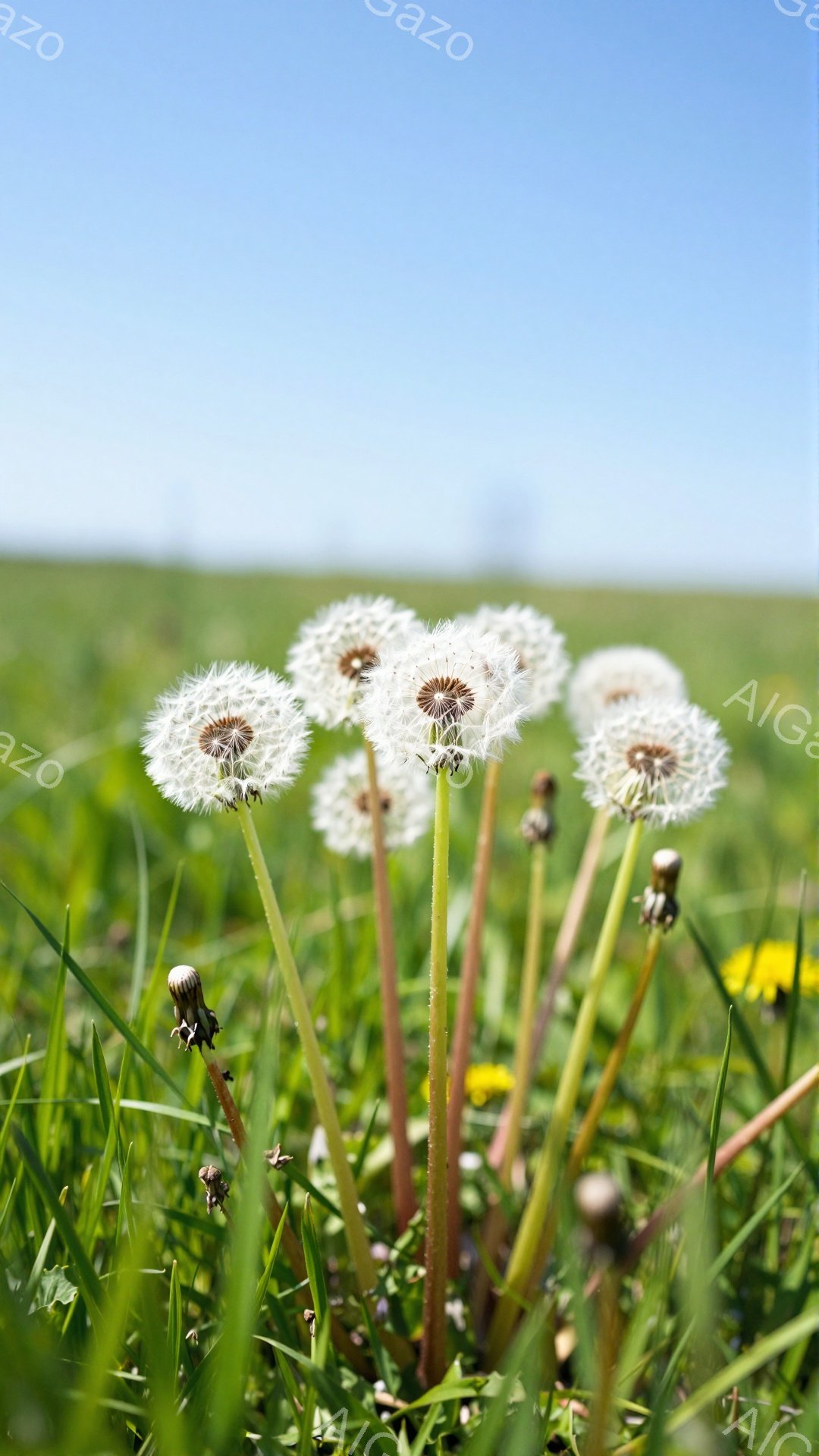 青々とした草の上にタンポポが咲き誇っています。風に揺れながら、綿毛がふわふわと広がっている様子が印象的です。背景には緑の丘が広がり、穏やかな春の日の雰囲気が伝わってきます。