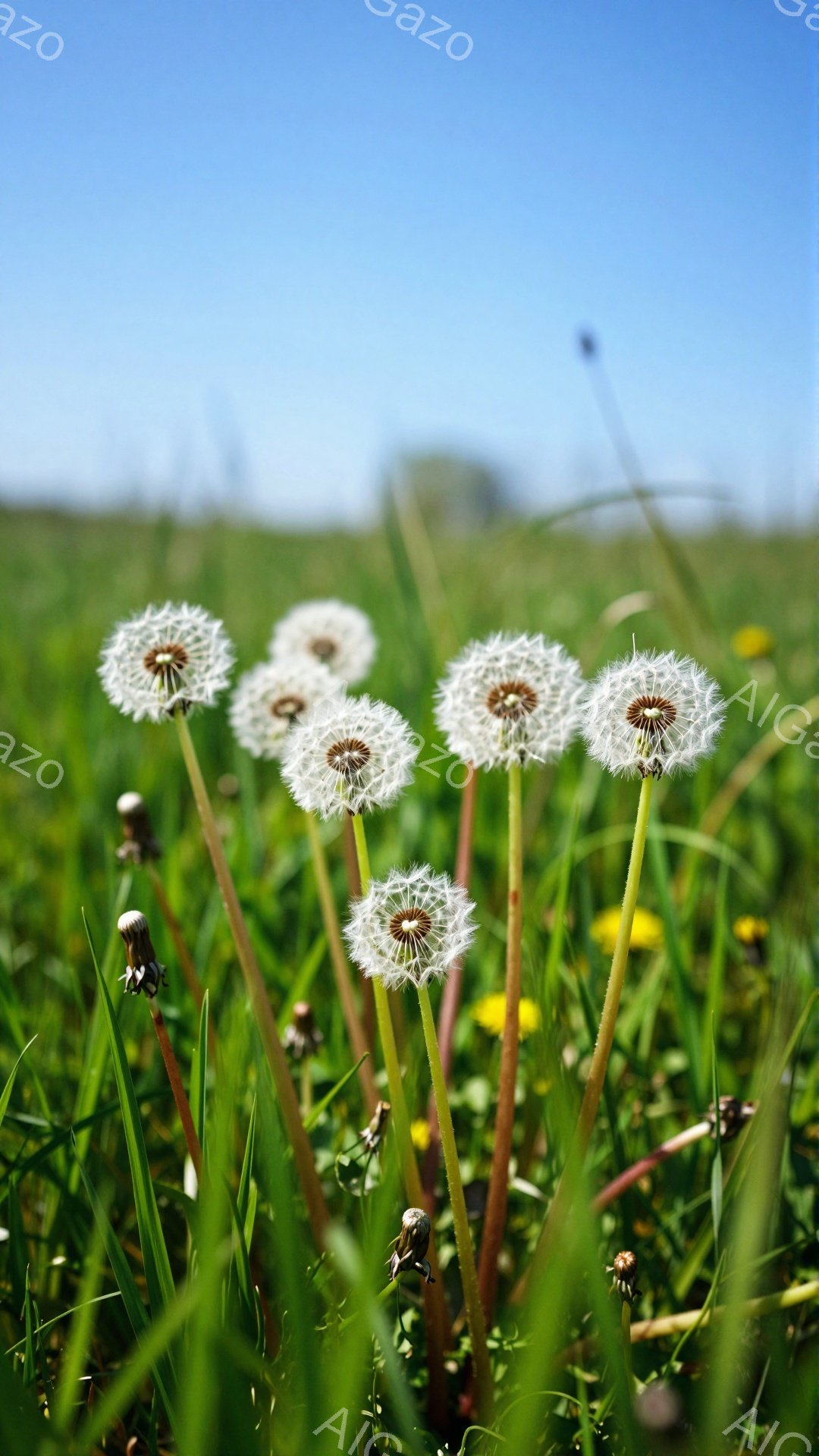 青々とした草むらの中に、タンポポが咲き誇っています。ふわふわとした綿毛が風に舞い、穏やかな春の陽気を感じさせます。背景にはぼやけた緑の景色が広がり、自然の優しい雰囲気を醸し出しています。