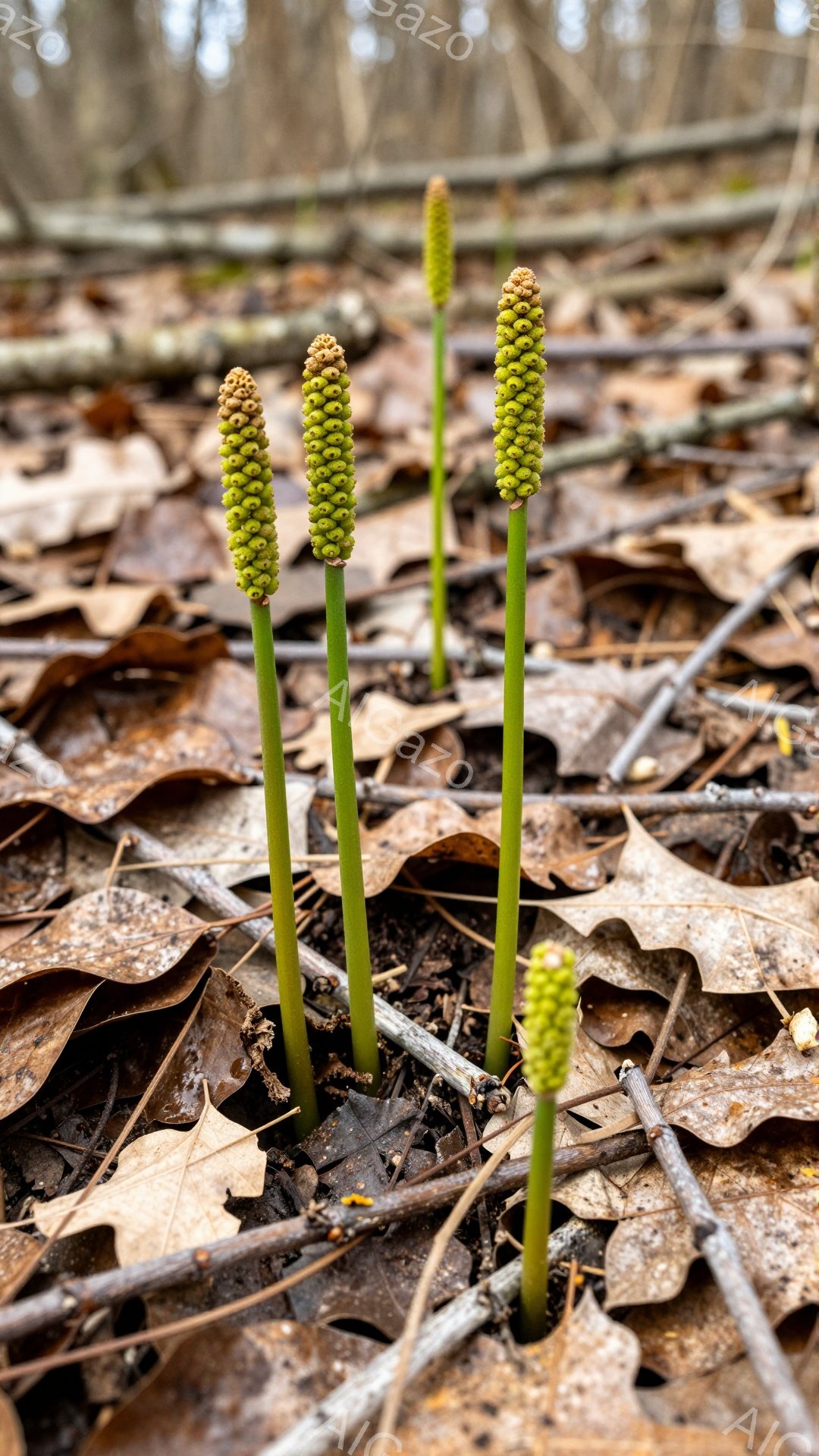 枯れ葉の上に緑色の植物が数本生えている。植物は細い茎を持ち、先端には小さな緑色の球体が密集している。背景は茶色とベージュの枯れ葉で覆われ、春の訪れを感じさせる。