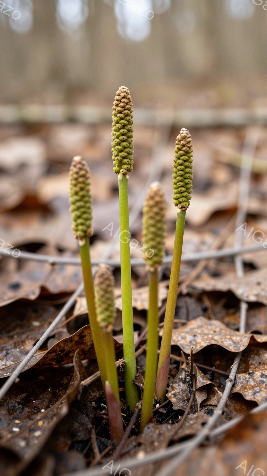 湿った落ち葉の中に、緑色の茎と球状の頭を持つ植物が数本生えている。光が差し込み、背景はぼやけており、植物が際立っている。春の訪れを感じさせる、静かで穏やかな光景だ。 - AI生成フリー素材