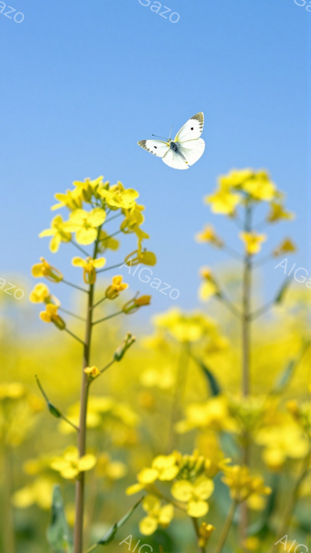 青空の下、菜の花畑で白い蝶が舞っている。鮮やかな黄色い花と青い空のコントラストが印象的で、のどかで穏やかな雰囲気が漂う。蝶は、花の上を優雅に飛び回り、春の訪れを感じさせる。 - AI生成フリー素材