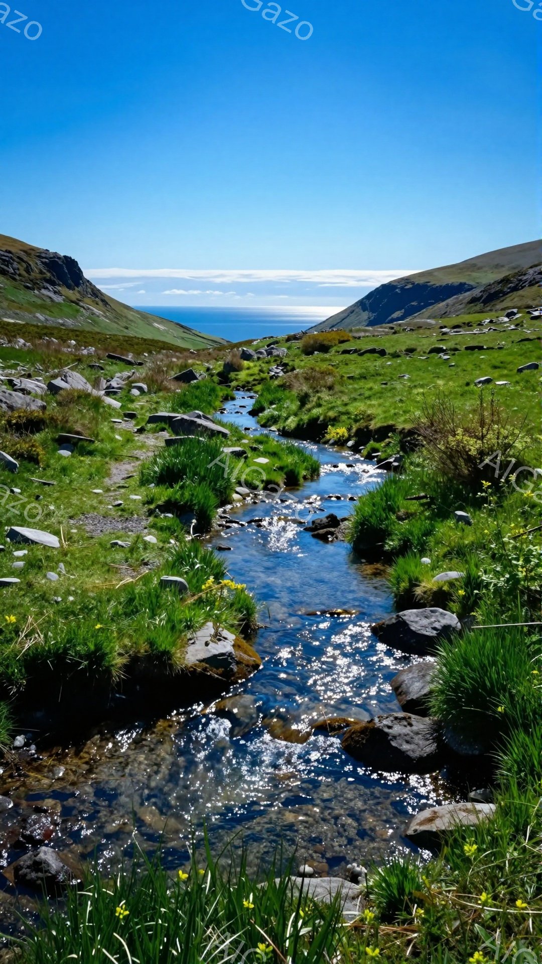 岩と草が生い茂る渓流が、青い海に向かって蛇行している。太陽の光が水面に反射し、キラキラと輝いている。背景にはなだらかな緑の丘と青空が広がり、穏やかで平和な雰囲気を感じさせる。 - AI生成フリー素材