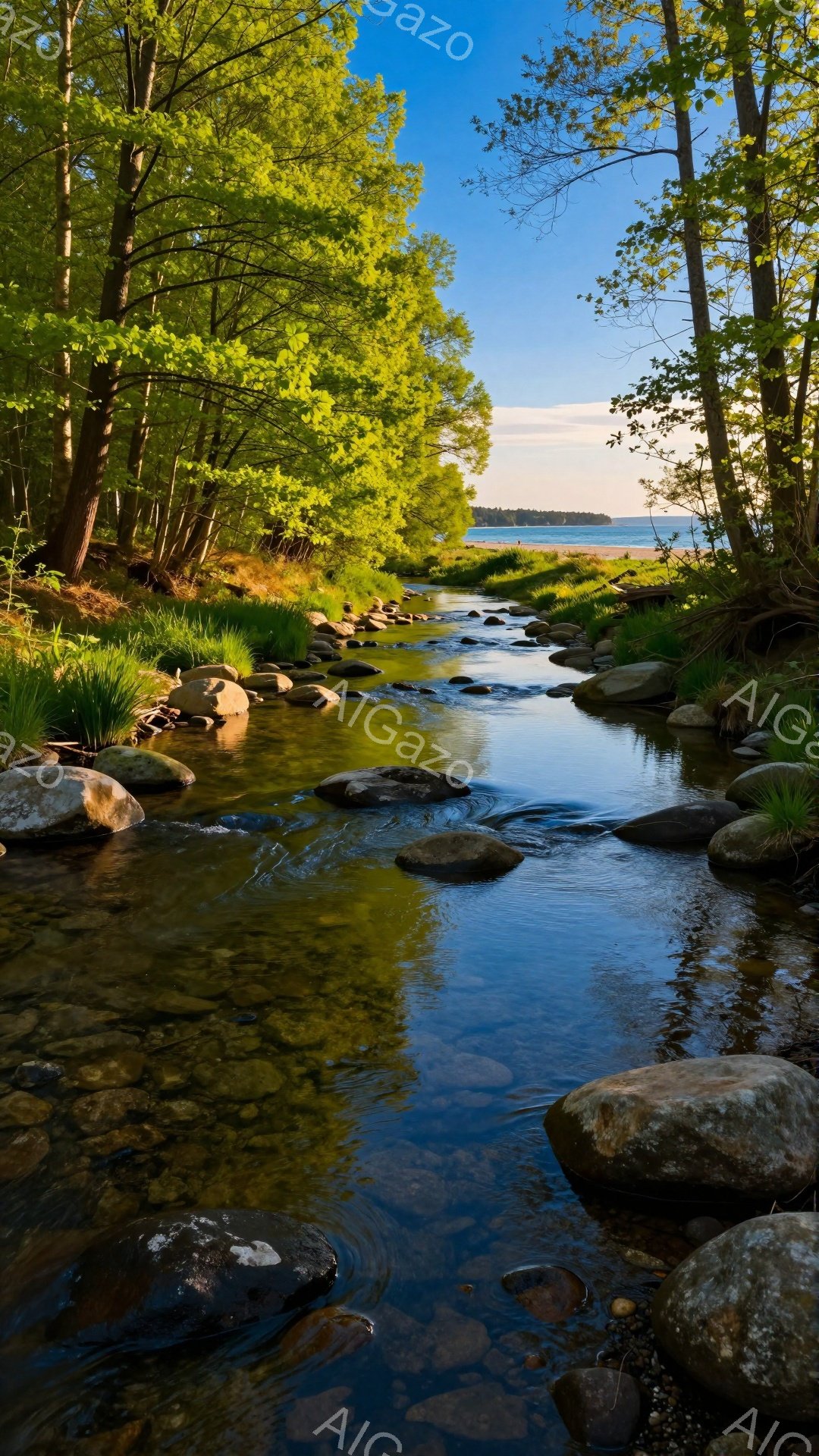 日差しが木々の間から差し込み、小川の水面をキラキラと輝かせている。周囲には緑豊かな草木が生い茂り、水の中の岩が水流によって滑らかに磨かれている。穏やかな光と緑が調和し、静かで平和な雰囲気を醸し出している。