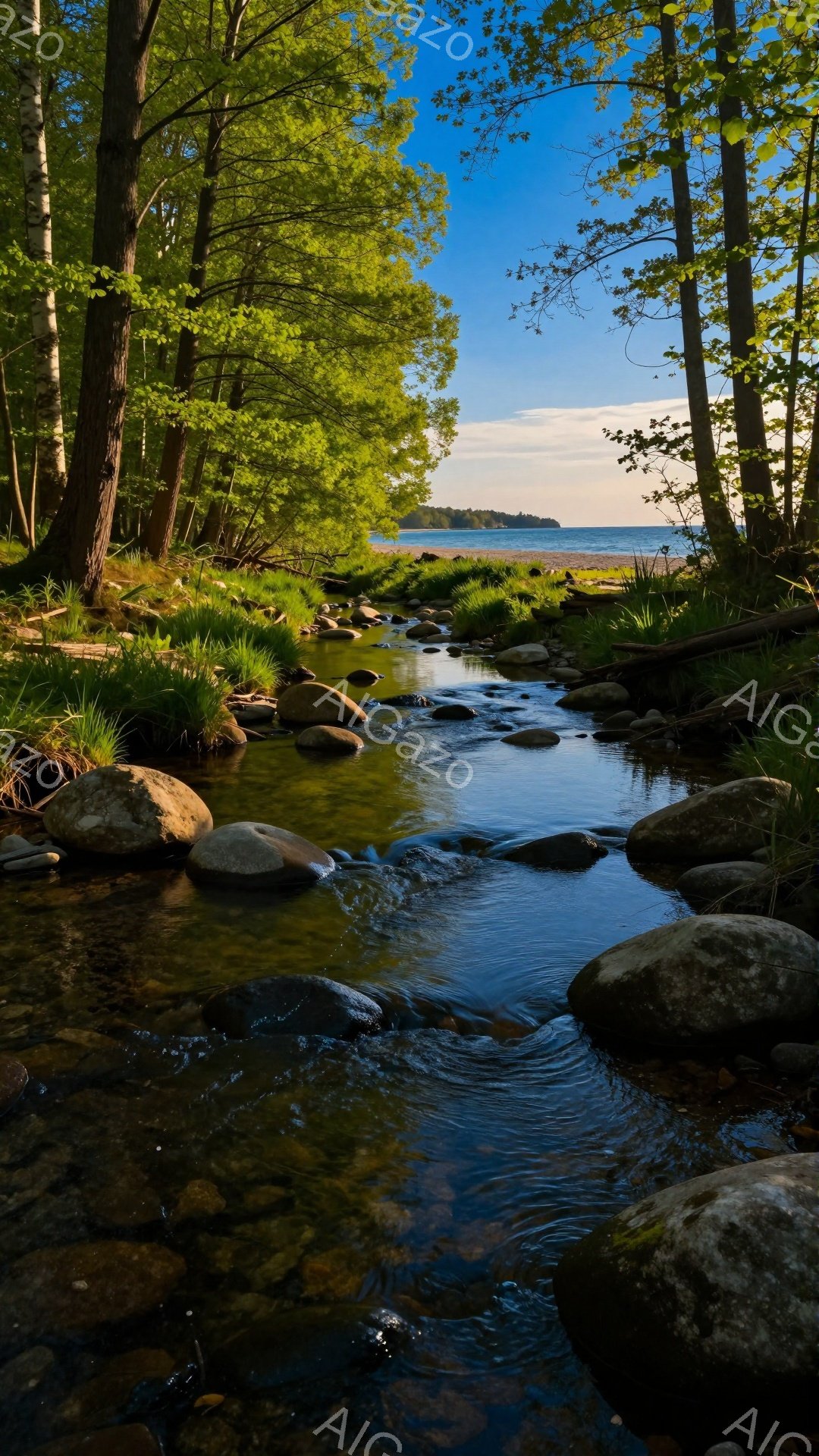 静かな小川が岩の間を流れており、両岸には緑豊かな植物が生い茂っている。明るい太陽光が木々の間から差し込み、水面をキラキラと輝かせ、穏やかで平和な雰囲気を醸し出している。遠くには青い海が見え、自然の美し - AI生成フリー素材