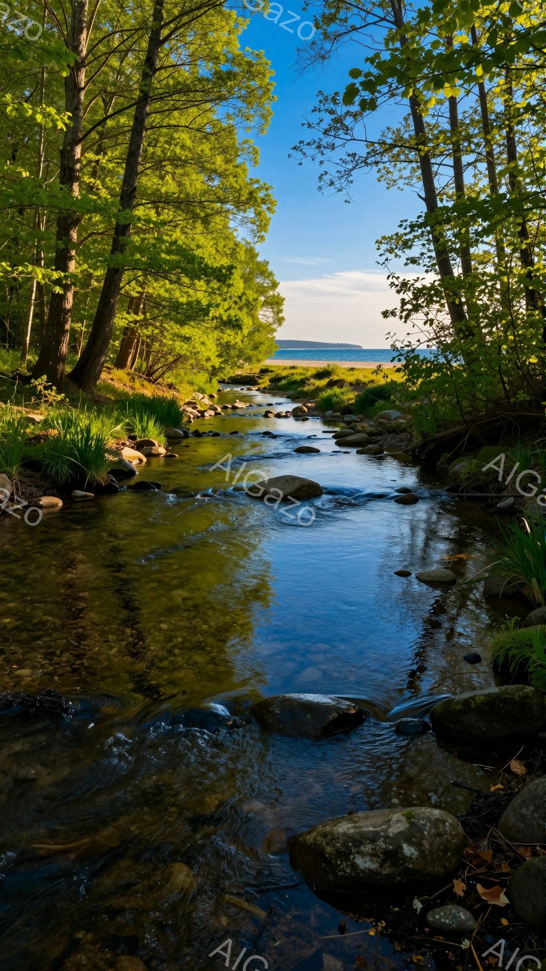 静かな小川が木々の間を流れており、太陽の光が水面に反射してキラキラと輝いている。背景には緑豊かな森と、遠くに見える穏やかな湖が広がっている。自然の美しさが感じられる、穏やかで平和な風景だ。 - AI生成フリー素材