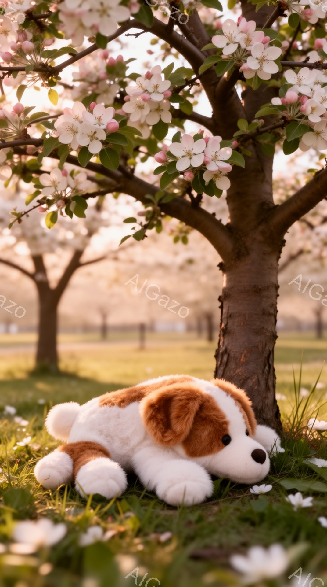 桜の木の下で、ふわふわの茶色と白の犬のぬいぐるみがおとなしく座っています。周囲には散り始めた桜の花びらが舞い、春の穏やかな雰囲気を醸し出しています。背景には他の桜の木々が見え、優しい光が全体を包んでい - AI生成フリー素材