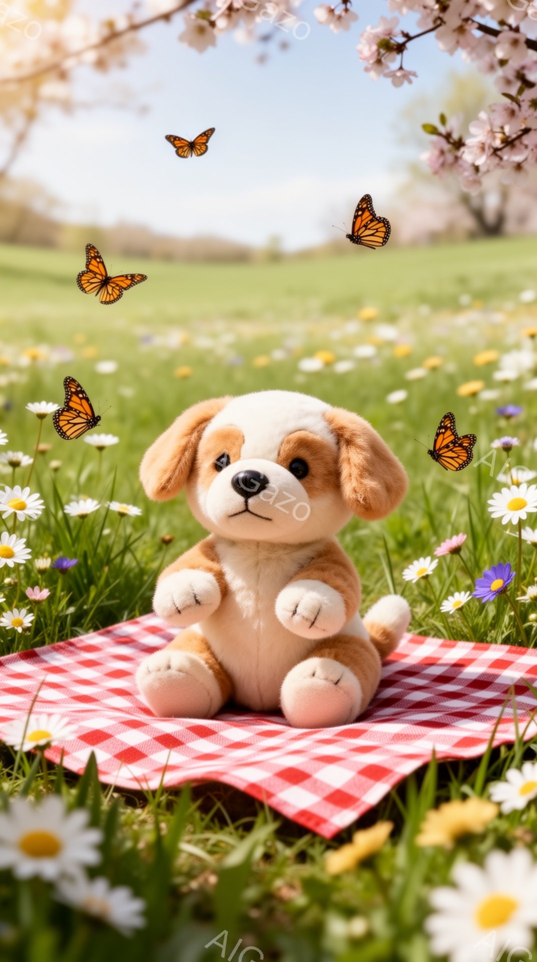 緑の草原に赤いチェックの敷物が敷かれ、その上に愛らしい子犬のぬいぐるみがお座りしています。周囲には白いデイジーや紫色の花が咲き乱れ、空にはオレンジ色の蝶が舞っています。春の穏やかな陽気を感じさせる、心 - AI生成フリー素材