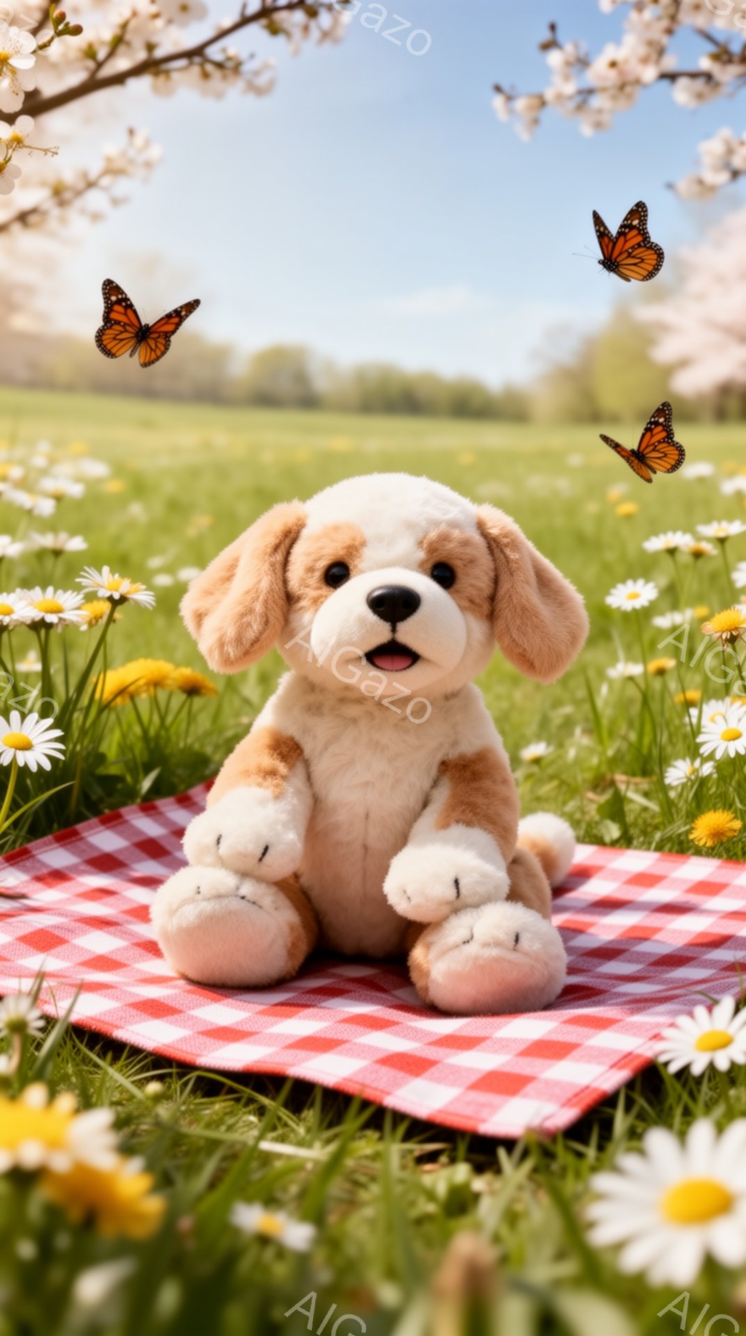 広々とした緑の草原に、赤いチェックの敷物が敷かれ、その上に愛らしい子犬のぬいぐるみが座っています。周りには黄色いデイジーや白い花が咲き乱れ、数匹の蝶が舞っている様子が描かれています。春の暖かく穏やかな - AI生成フリー素材