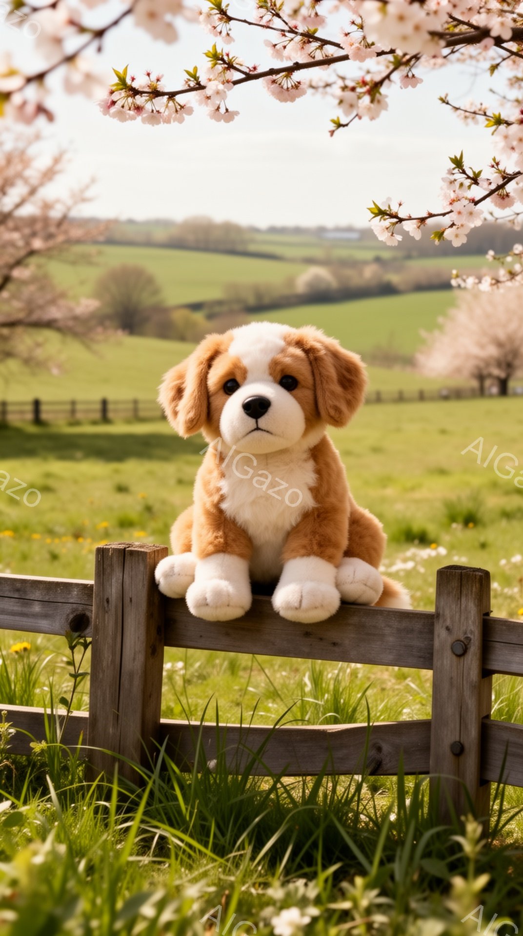 明るい緑の牧草地を背景に、可愛らしい子犬が木製の柵に座っています。子犬はクリーム色と茶色の毛並みで、穏やかで優しい表情をしています。春の穏やかな日差しが降り注ぎ、背景には桜の花が咲き誇り、温かい雰囲気 - AI生成フリー素材