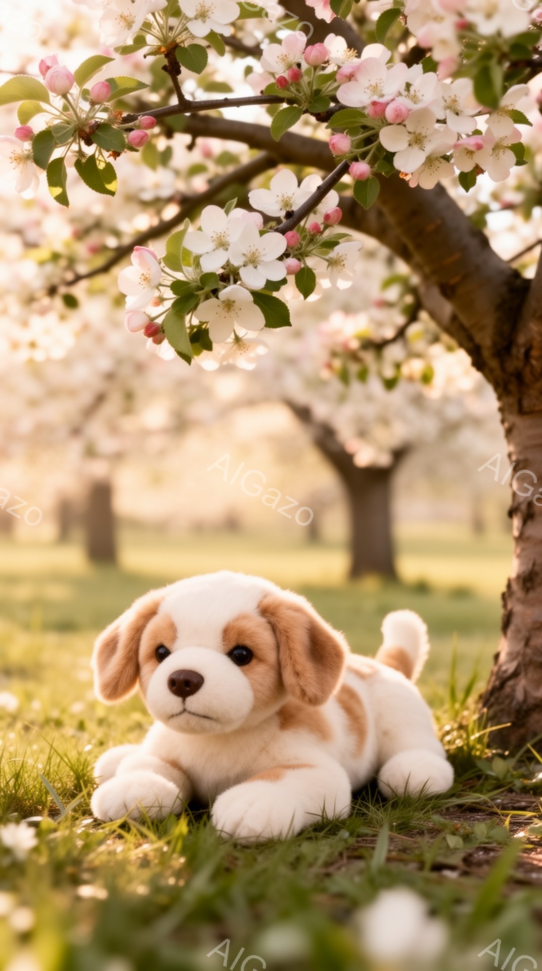 芝生の上に可愛らしい子犬が横たわっています。背景には桜の木があり、花びらが舞い散っています。暖かく穏やかな春の日の光が差し込み、優しい雰囲気を醸し出しています。 - AI生成フリー素材