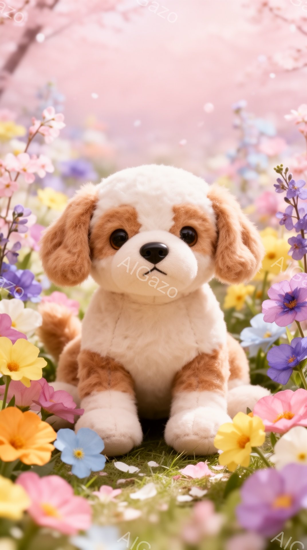 鮮やかな花畑に置かれた、茶色と白の毛並みを持つ子犬のぬいぐるみです。子犬は前足を揃えて座っており、つぶらな瞳でこちらを見つめています。背景には桜の花びらが舞い、春らしい優しい雰囲気が漂っています。 - AI生成フリー素材