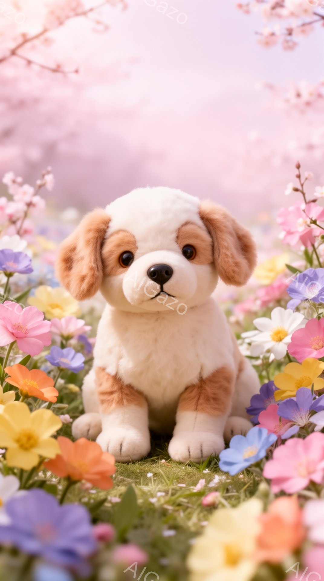 ふわふわのクリーム色の犬が、色とりどりの花畑の中に座っています。優しい表情でこちらを見つめており、春らしい穏やかな雰囲気を醸し出しています。背景には桜の花びらが舞い、暖かく柔らかい光が犬を包み込んでい - AI生成フリー素材