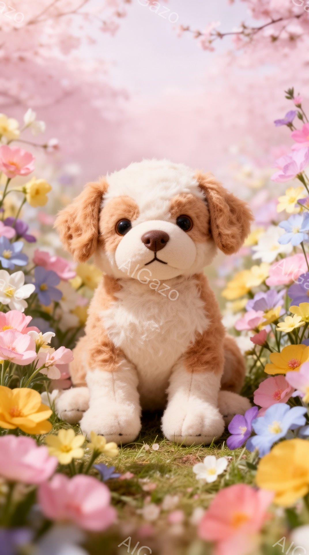 明るい花畑に座っている、ふわふわの茶色の仔犬です。大きな茶色の目と優しい表情が特徴的で、春の暖かさを感じさせます。背景にはぼんやりと桜の花が咲き、穏やかな雰囲気を醸し出しています。 - AI生成フリー素材