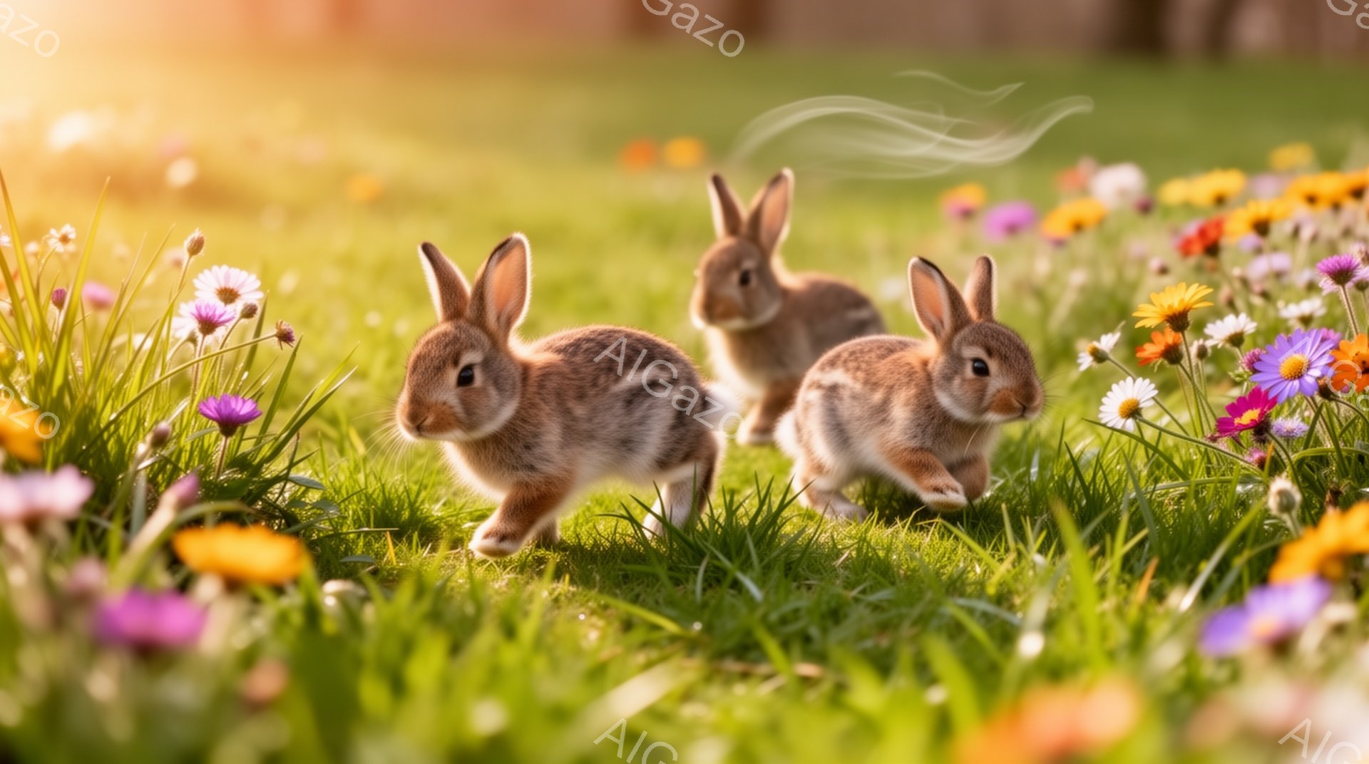 緑豊かな草地で、2匹のうさぎが活発に駆け回っています。カラフルな花々が咲き乱れ、背景はぼかして自然な雰囲気を強調しています。暖かく柔らかな光が、のどかな風景を照らしています。 - AI生成フリー素材