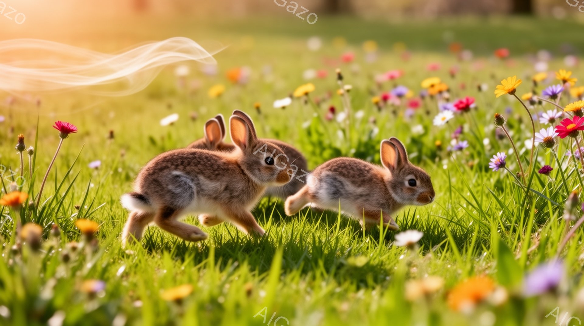 緑豊かな草地を、二匹のうさぎが元気に駆け抜けている。色とりどりの花が咲き乱れ、暖かい日差しが降り注ぐ、春らしい穏やかな風景だ。うさぎたちは、まるで遊び相手を探しているかのように、楽しそうに走り回ってい - AI生成フリー素材