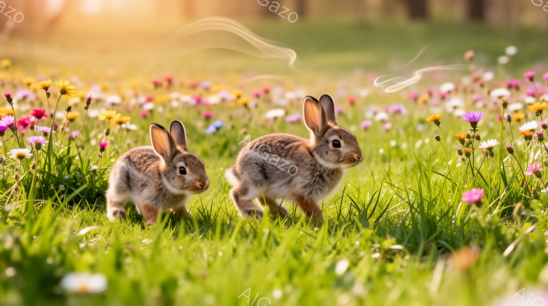 草原で二匹のうさぎが寄り添って立っています。周囲には色とりどりの花が咲き乱れ、背景はぼやけて春らしい暖かな雰囲気です。二匹はカメラ目線で、可愛らしい姿が印象的です。