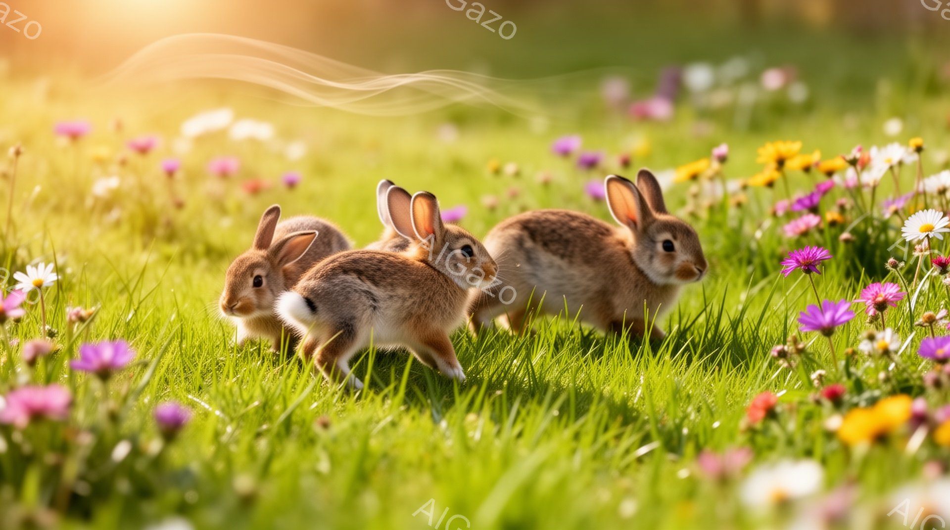 緑の草むらと花の中で、三匹の可愛らしい子ウサギが寄り添って座っています。柔らかい日差しがウサギたちを照らし、背景の花々が鮮やかな色彩を添えています。穏やかで平和な春の日の光景です。 - AI生成フリー素材