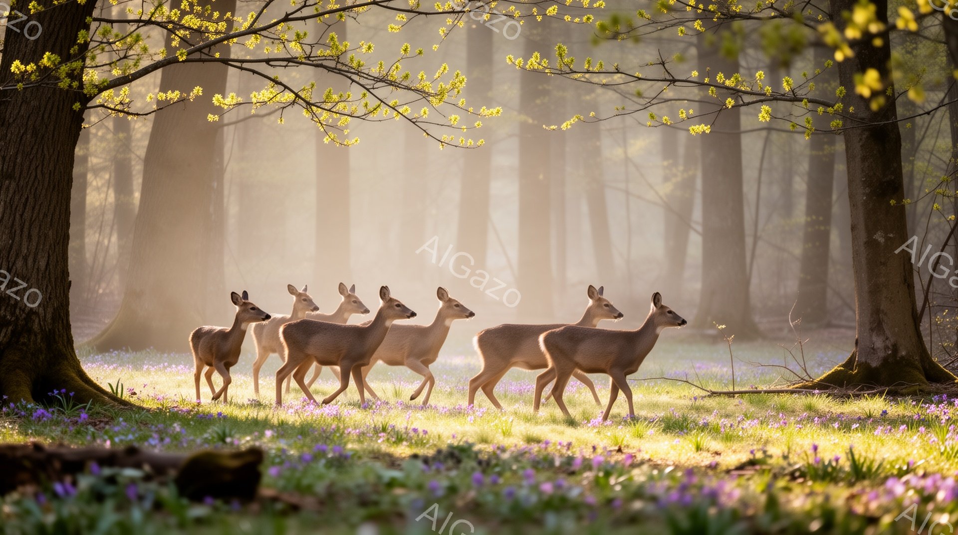 森の中にいるシカの群れが、春の光の中で穏やかに歩いている。地面は紫色の花で覆われ、光が木々の間から差し込み、幻想的な雰囲気を醸し出している。暖かく穏やかな光が、森の生命力を強調している。 - AI生成フリー素材