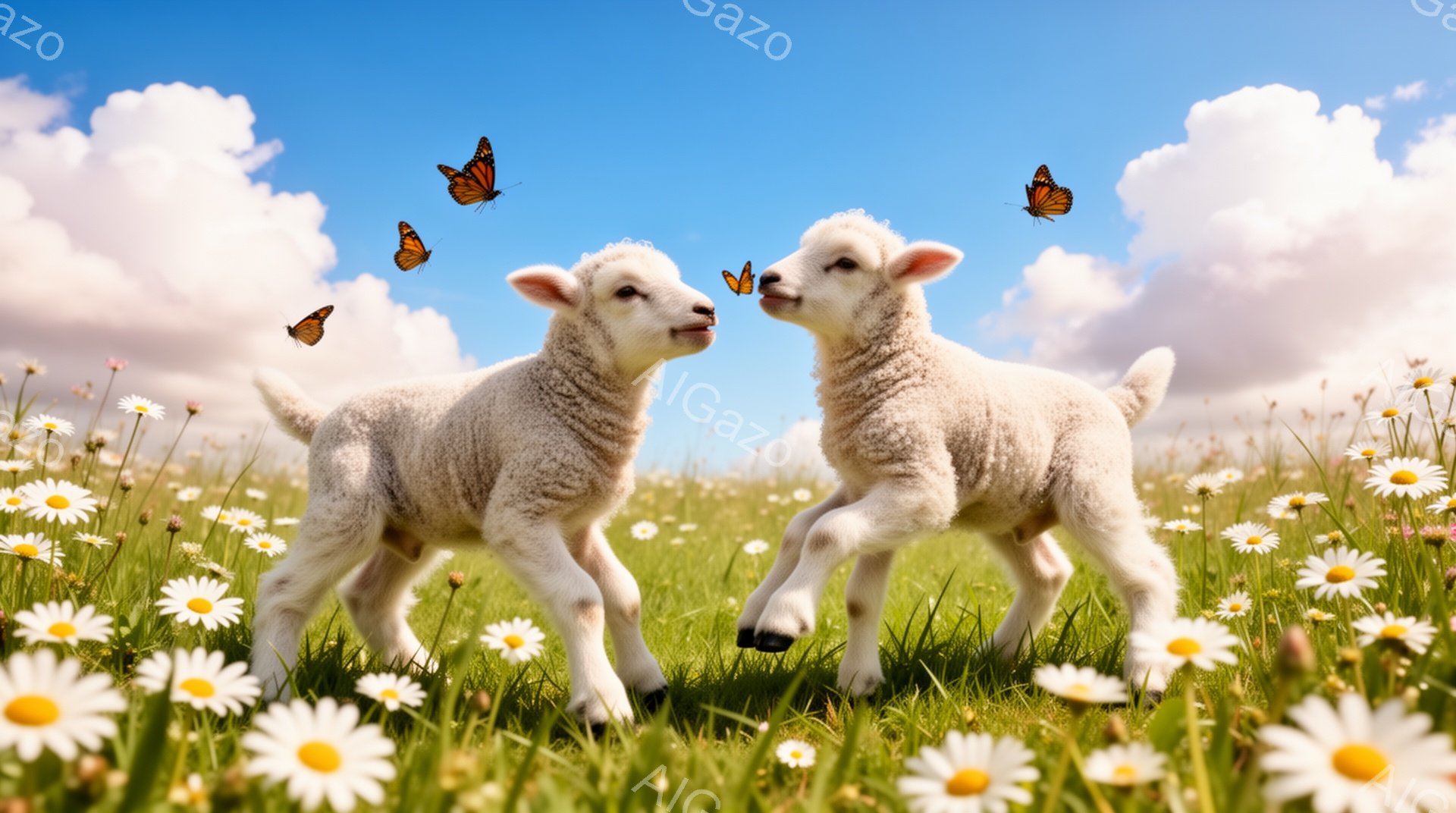 牧草地で子羊が2頭、互いに顔を近づけて立っています。周囲には白い花が咲き乱れ、空には蝶が舞っています。暖かく穏やかな雰囲気で、春の陽気を表しています。 - AI生成フリー素材