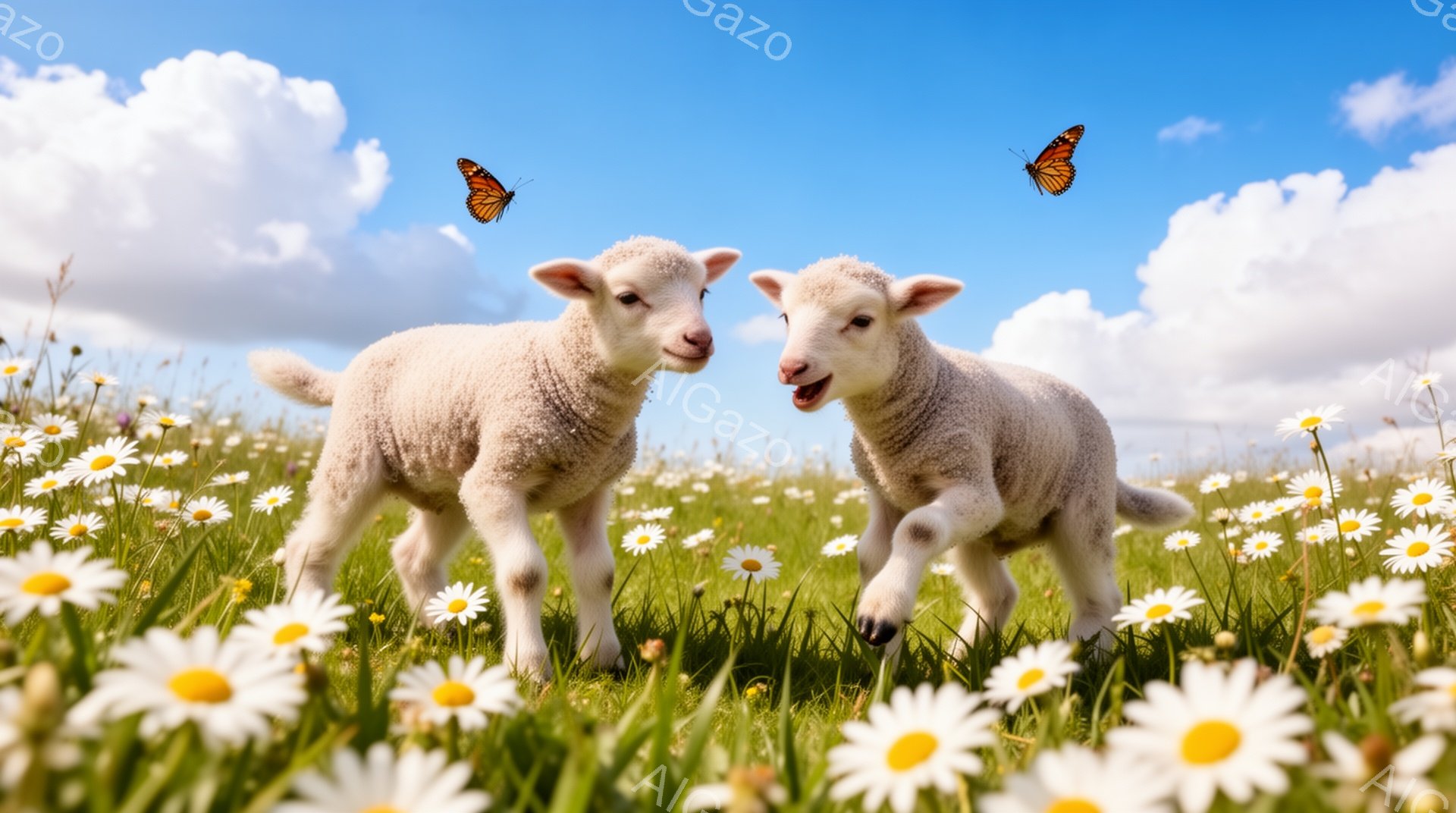 緑の牧草地で、二匹の子羊が楽しそうに走り回っている。周囲には白いデイジーの花が咲き乱れ、空は青く澄み渡っている。蝶が子羊の近くを舞い、春らしい暖かく幸せな雰囲気を演出している。 - AI生成フリー素材