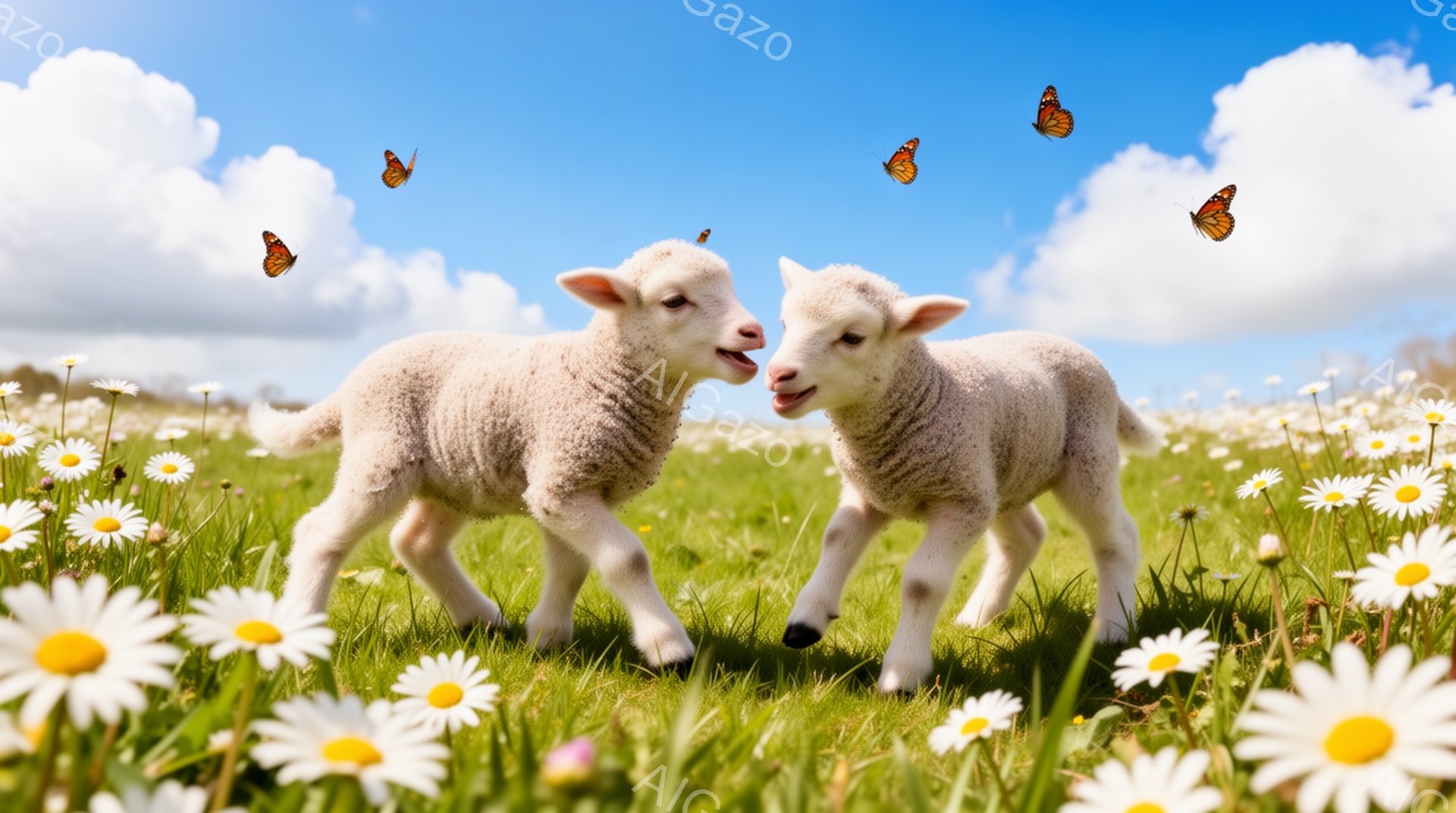 鮮やかな緑の草原で、二匹の子羊が向き合って立っています。周りには白いデイジーの花が咲き乱れ、空には蝶が舞っています。穏やかで平和な春の日の光景です。 - AI生成フリー素材