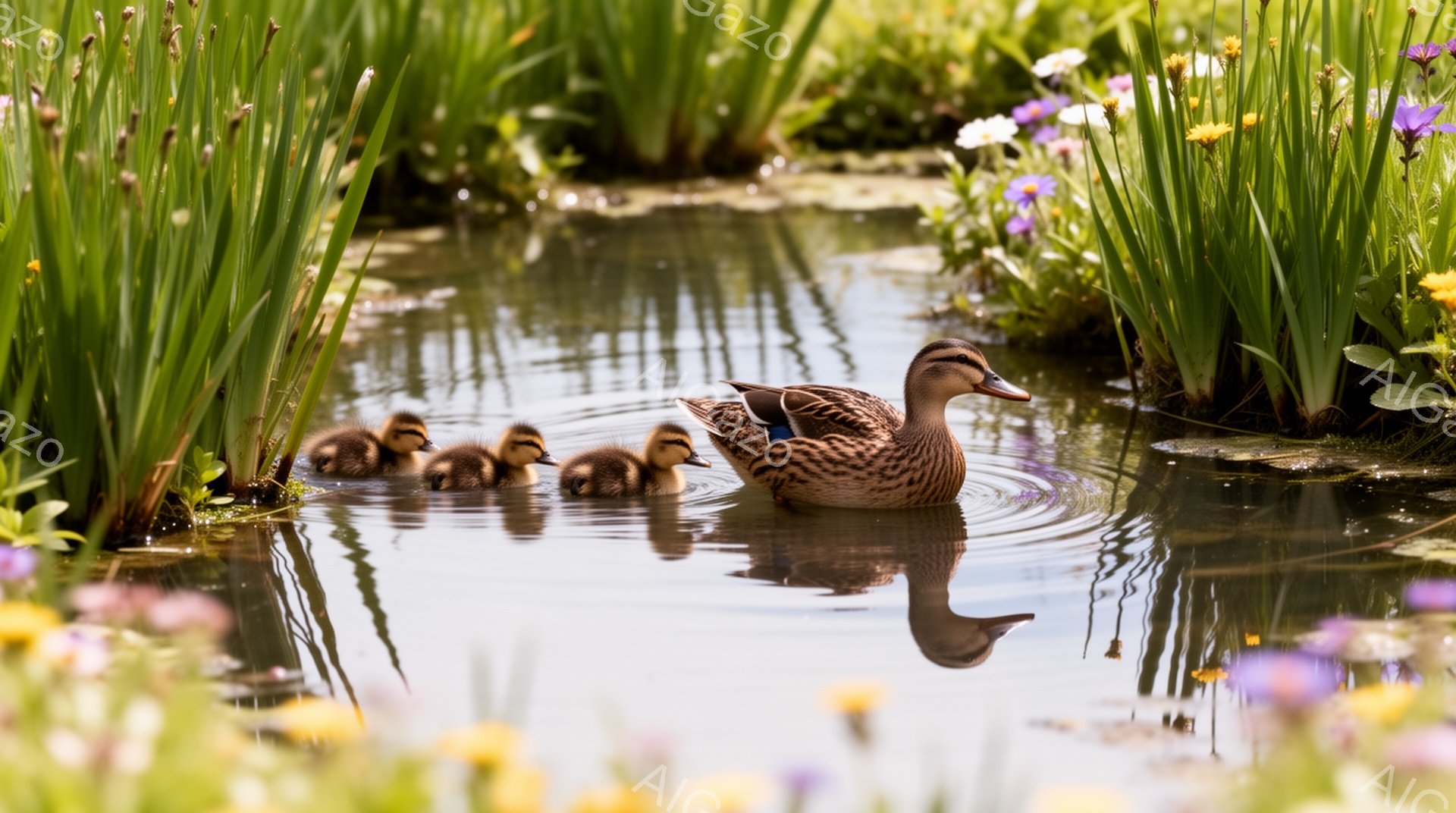 アヒルが子アヒルを連れて水面を泳いでいる様子が描かれています。周りには緑の植物が生い茂り、水面にはアヒルの反射が見えます。穏やかで平和な雰囲気の自然の風景です。 - AI生成フリー素材