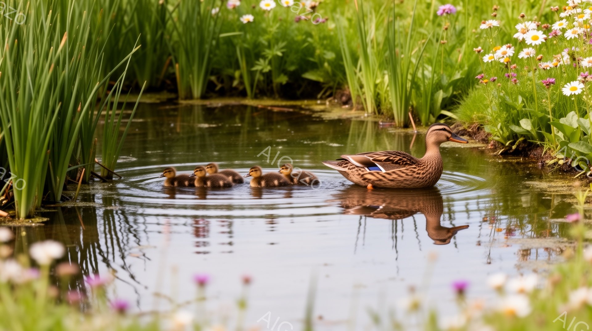 母鴨とその子ガケたちが、水面を静かに泳いでいる。周りには緑豊かな植物や紫色の花が咲き乱れ、穏やかな春の雰囲気を醸し出している。水面に映る鴨たちの姿が、美しい光景を作り出している。 - AI生成フリー素材
