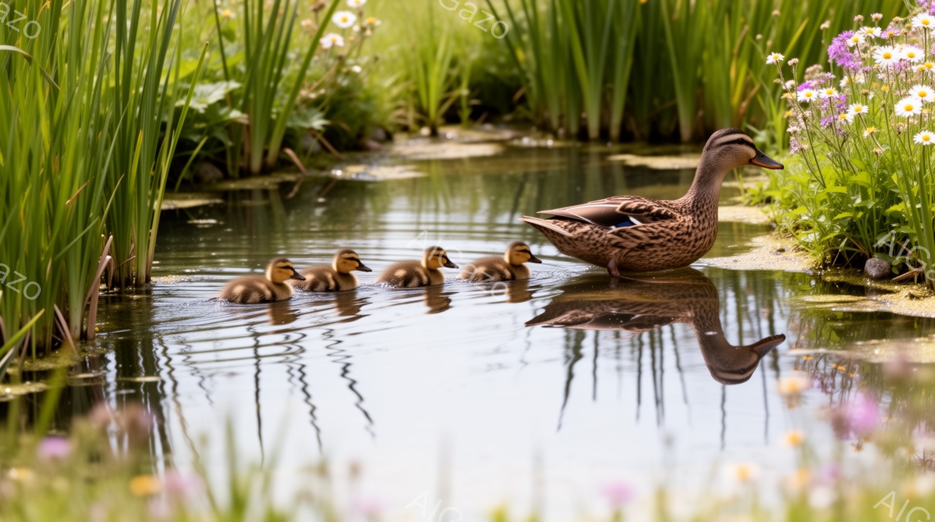 アヒルが一列になって水面を泳いでいる。母アヒルは先頭をきり開き、その後ろに可愛らしいひなアヒルたちがついて行っている。周囲には緑豊かな草が生い茂り、穏やかな春の日の雰囲気が感じられる。