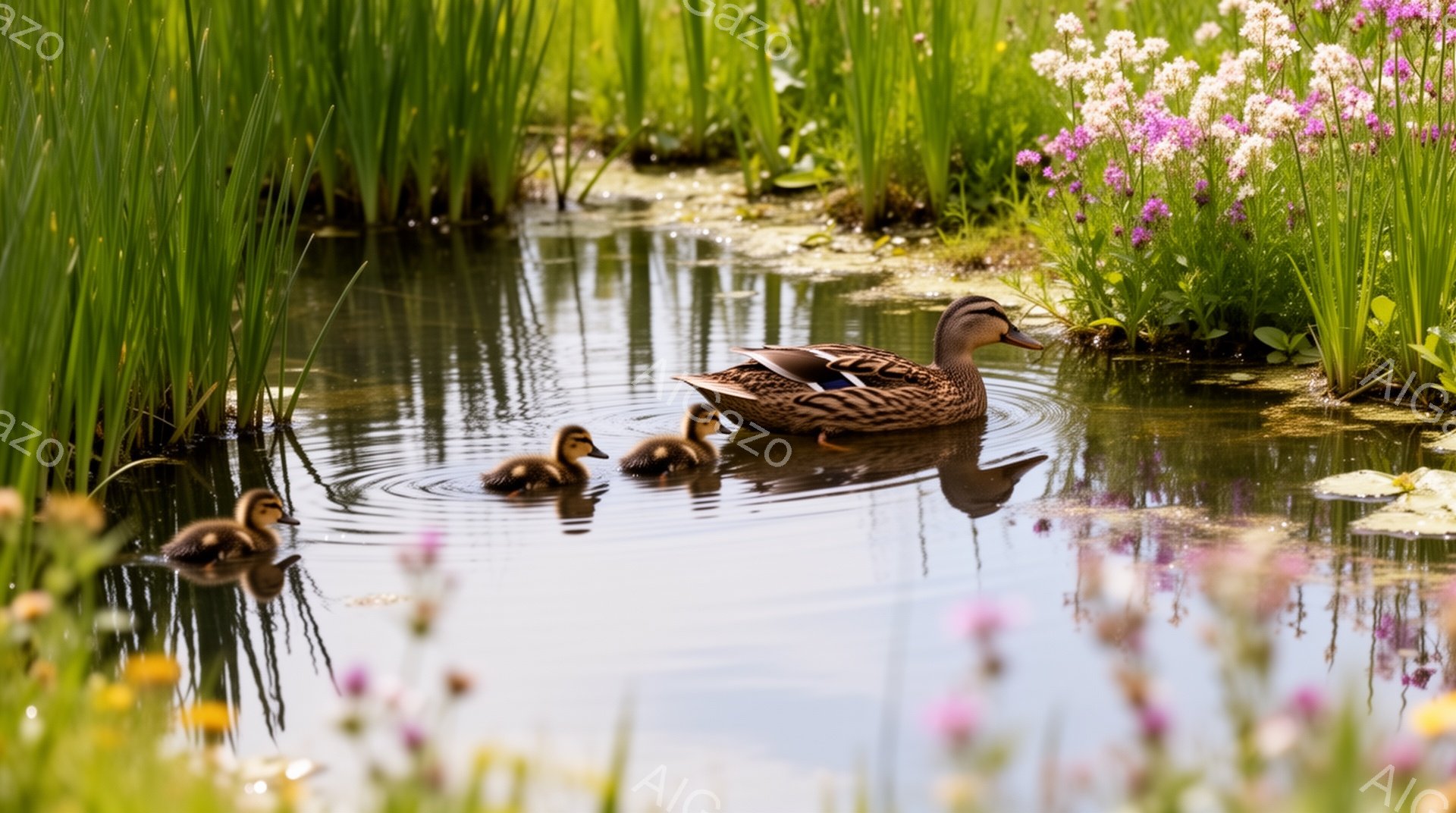 アヒルが子アヒルを連れて水面を優雅に泳いでいる。周囲には緑豊かな植物が生い茂り、水面にはアヒルの姿が映り込み、穏やかな雰囲気を醸し出している。春の暖かな日差しが水面を照らし、生命力に満ちた光景である。 - AI生成フリー素材