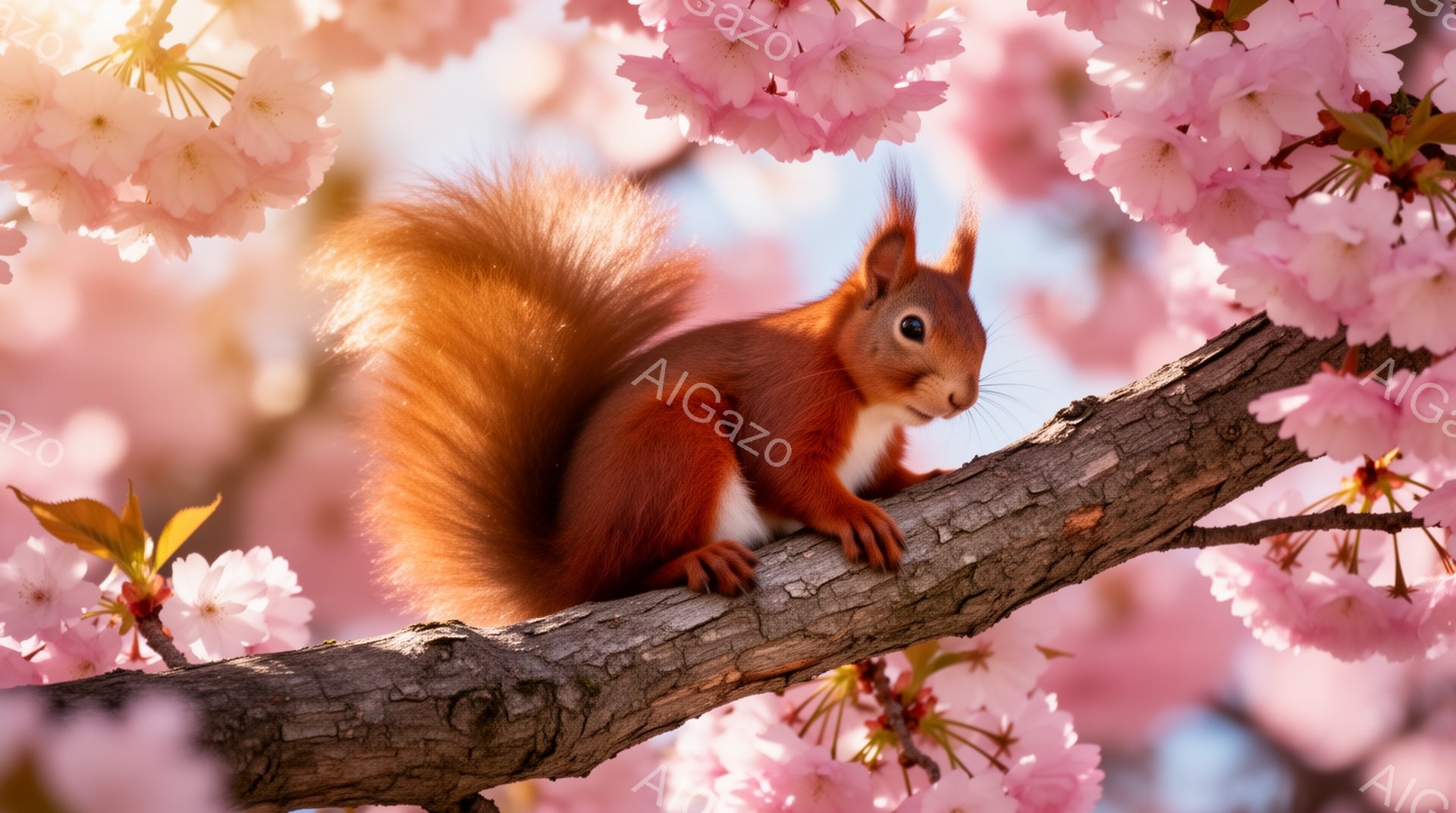桜の枝にとまるリスが写っている。ふわふわとした長い尻尾が特徴的で、ピンク色の桜の花々とコントラストが美しい。春の暖かく穏やかな雰囲気が伝わってくる。 - AI生成フリー素材