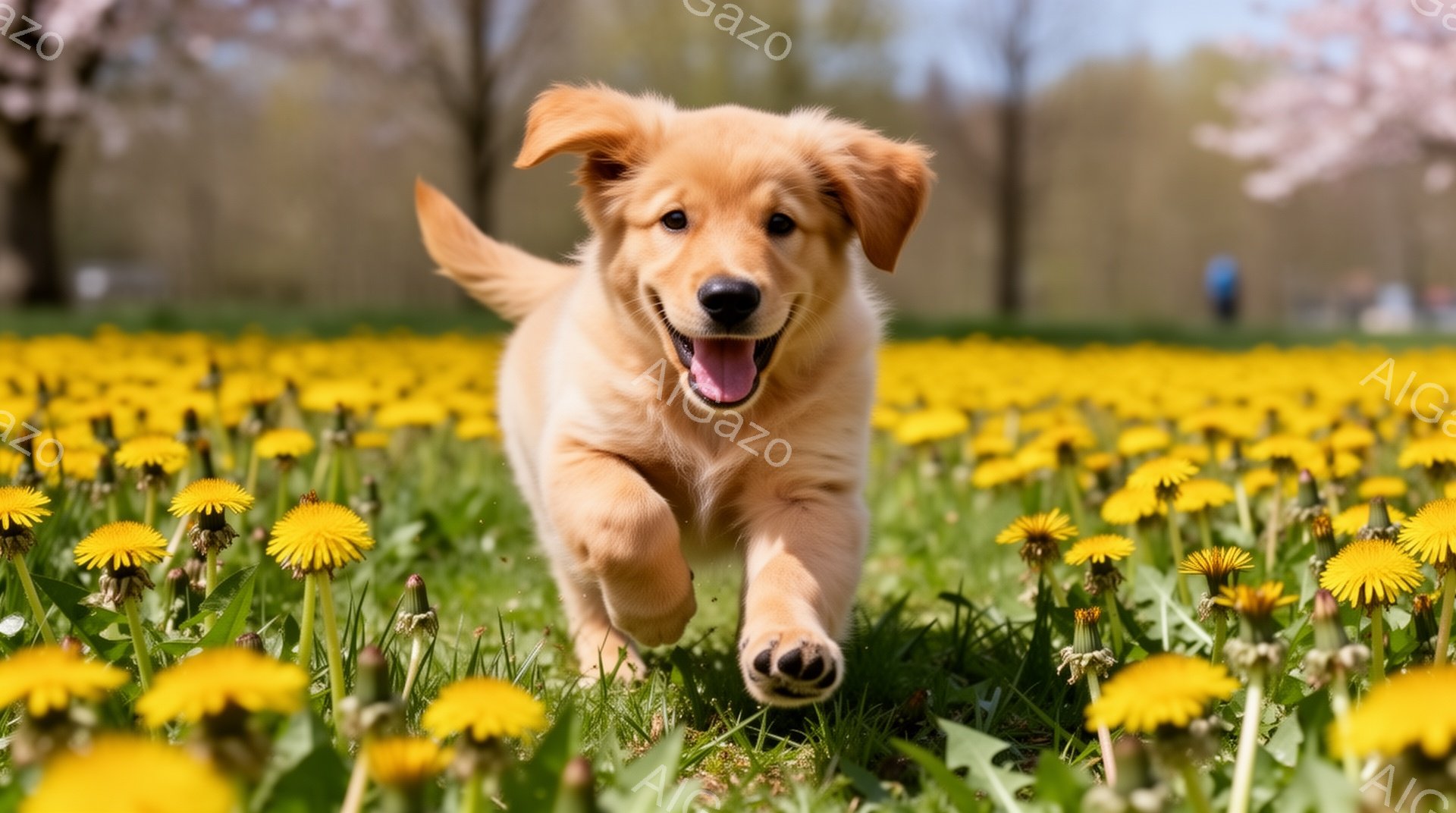 明るい日差しの中で、タンポポ畑を駆けるゴールデンレトリバーの子犬が写っています。子犬は口を開けて楽しそうに走り、その姿は生き生きとしています。背景にはぼやけた木々と青空が見え、春の暖かな雰囲気が伝わっ - AI生成フリー素材