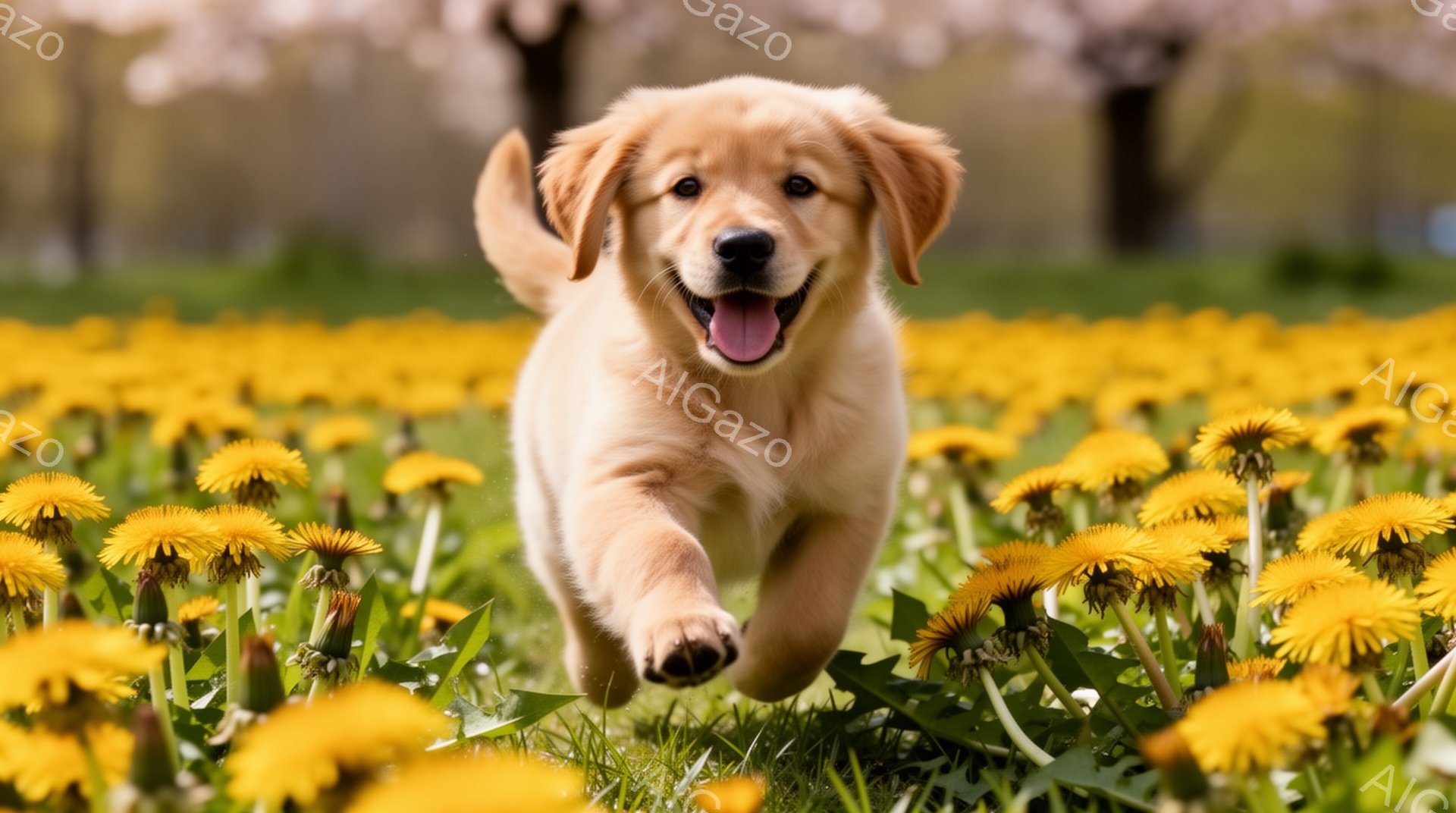 タンポポ畑を駆けるゴールデンレトリバーの子犬が写っています。子犬は舌を出して笑顔で走り、その周りには黄色いタンポポが咲き乱れています。背景にはぼやけた木々が見え、春らしい明るい雰囲気が漂っています。 - AI生成フリー素材