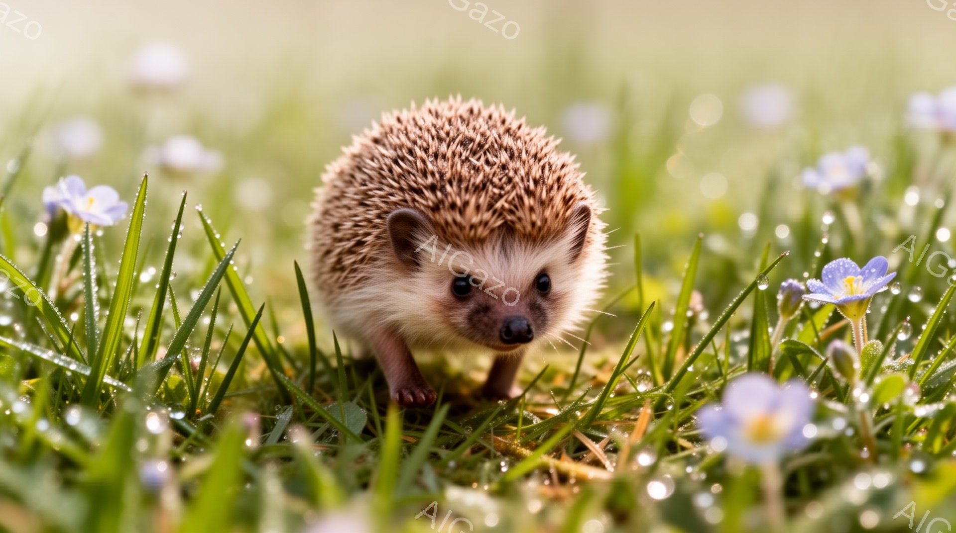 緑の草の上に小さなハリネズミが立っている。青い花が周りに咲き、朝の露が草にきらめいている。背景は柔らかくぼやけており、穏やかな雰囲気を醸し出している。