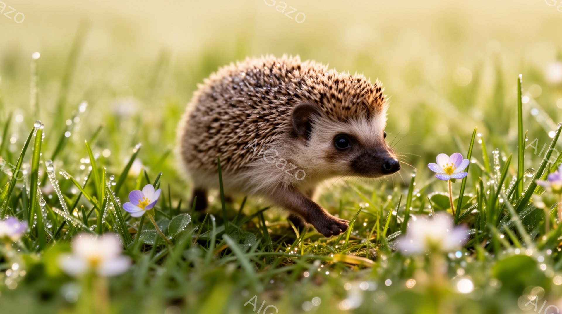 緑の草むらの中を、可愛らしいハリネズミが歩いている。周囲には小さな白い花が咲き、朝露でキラキラと輝いている。穏やかで優しい雰囲気の自然の風景だ。 - AI生成フリー素材