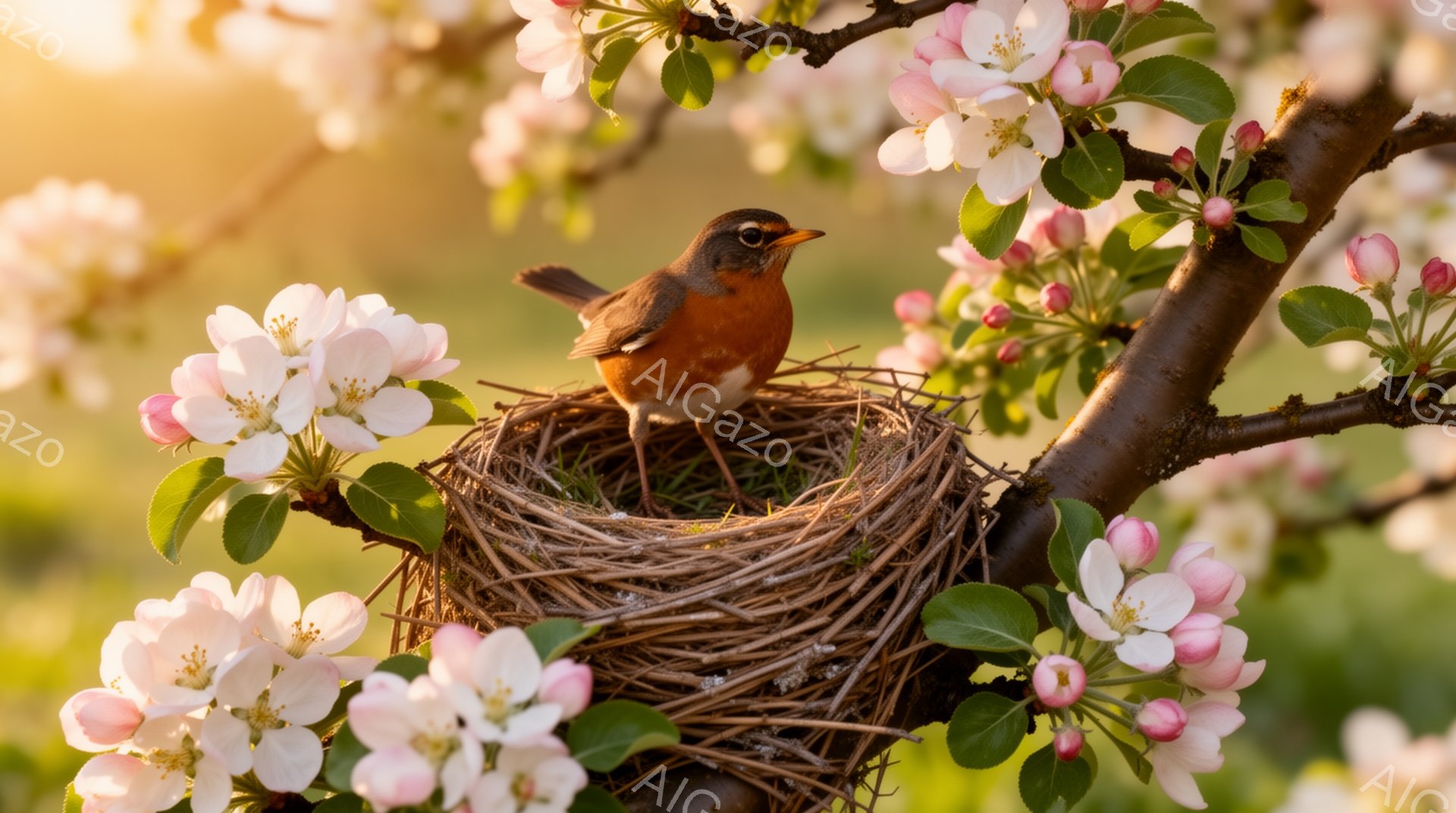 桜の花の咲き誇る枝に、赤い胸を持つ鳥が巣の中にちょこんと座っている。柔らかい光が背景を照らし、春の穏やかな雰囲気が漂っている。巣は枝にしっかりと固定されており、鳥は巣の中で安心しているようだ。