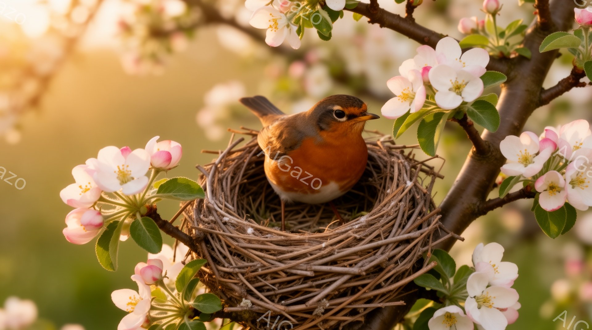 桜の花が咲き誇る木の上に、赤い胸を持つ小鳥が巣の中に座っている。柔らかい光が差し込み、春の暖かさと穏やかな雰囲気が漂っている。巣は枝にしっかりと固定されており、鳥は安らかに休息しているようだ。