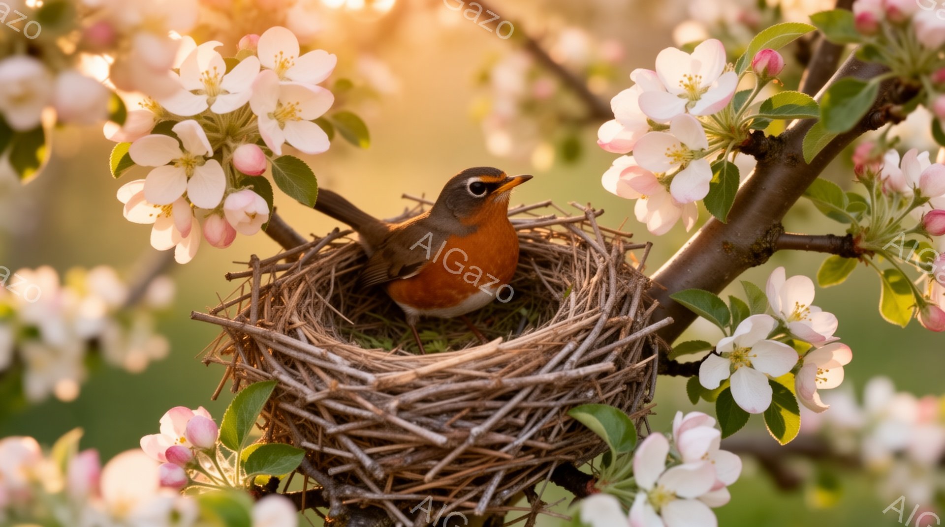 春の暖かい日差しの中で、巣に座るヨーロッパコマドリが捉えられています。ピンク色の花が咲き誇る木の枝に巣があり、コマドリの鮮やかなオレンジ色の胸が際立っています。穏やかで平和な雰囲気が感じられます。 - AI生成フリー素材