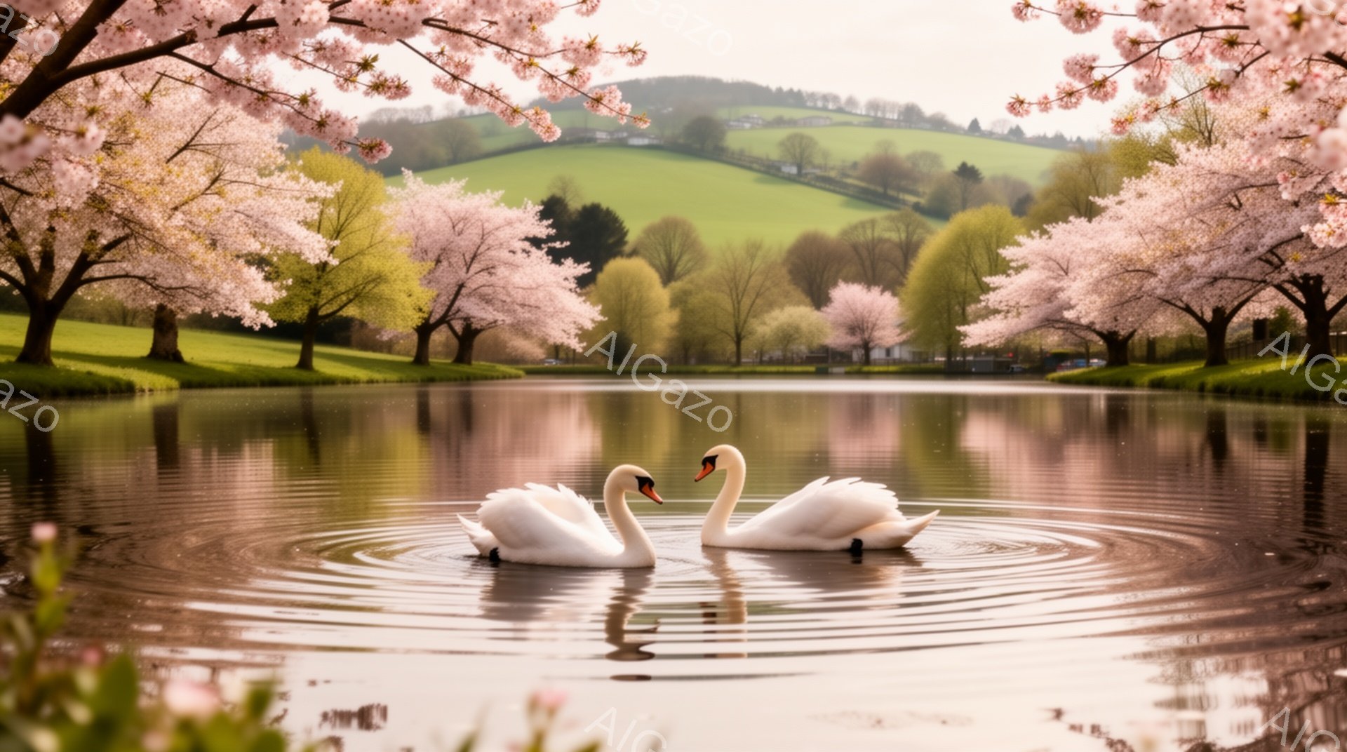 静かな湖で、二羽の白鳥が優雅に泳いでいる。周りには桜が満開で、春の穏やかな雰囲気を醸し出している。湖面には桜の花びらが散り、水面に美しい模様を描いている。 - AI生成フリー素材