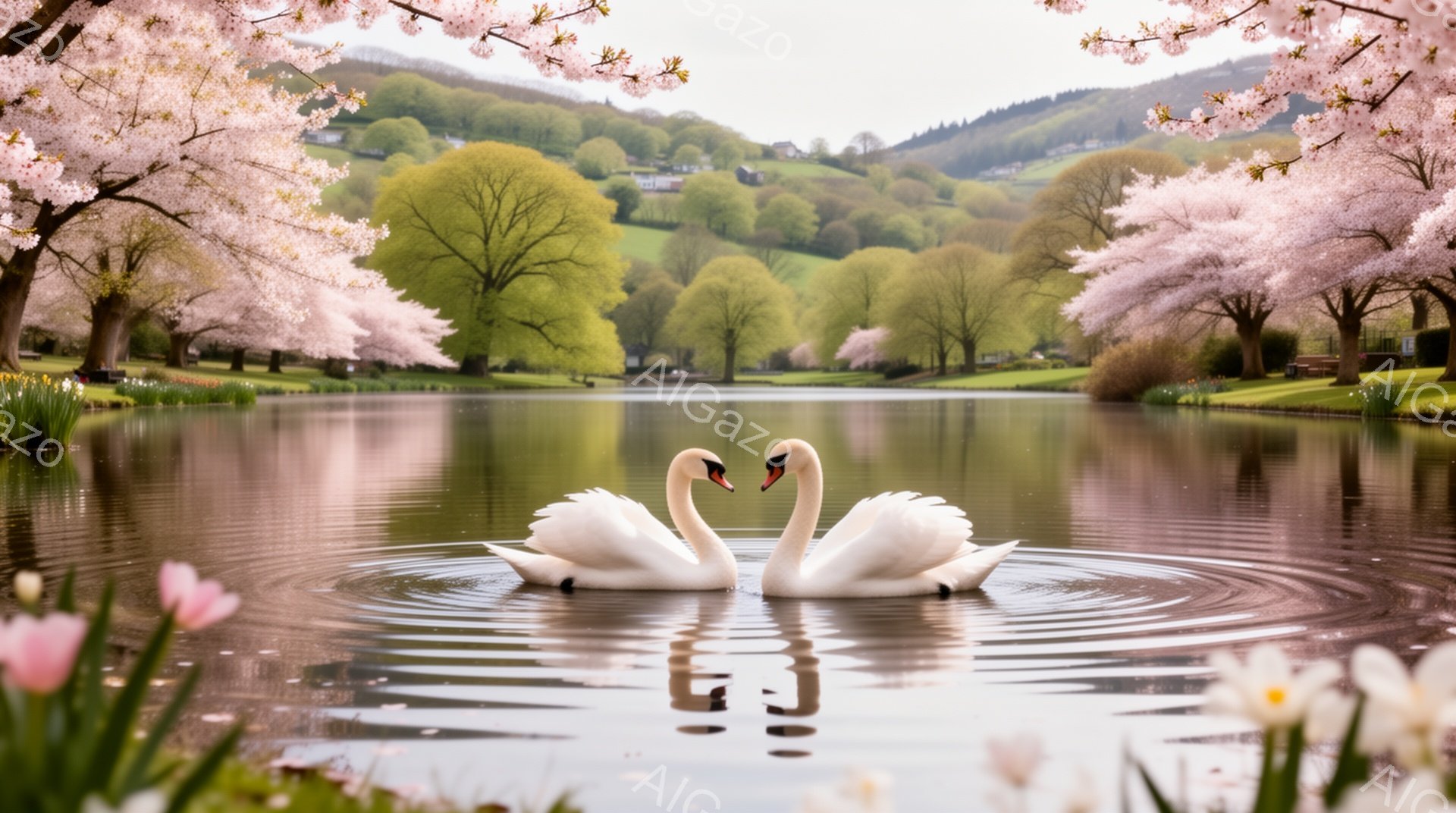 白鳥が穏やかな湖でハート型の美しい姿を作り出しています。背景にはピンク色の桜並木が広がり、春の暖かくロマンチックな雰囲気を醸し出しています。水面には鳥たちの姿が映り込み、幻想的な光景を作り出しています - AI生成フリー素材