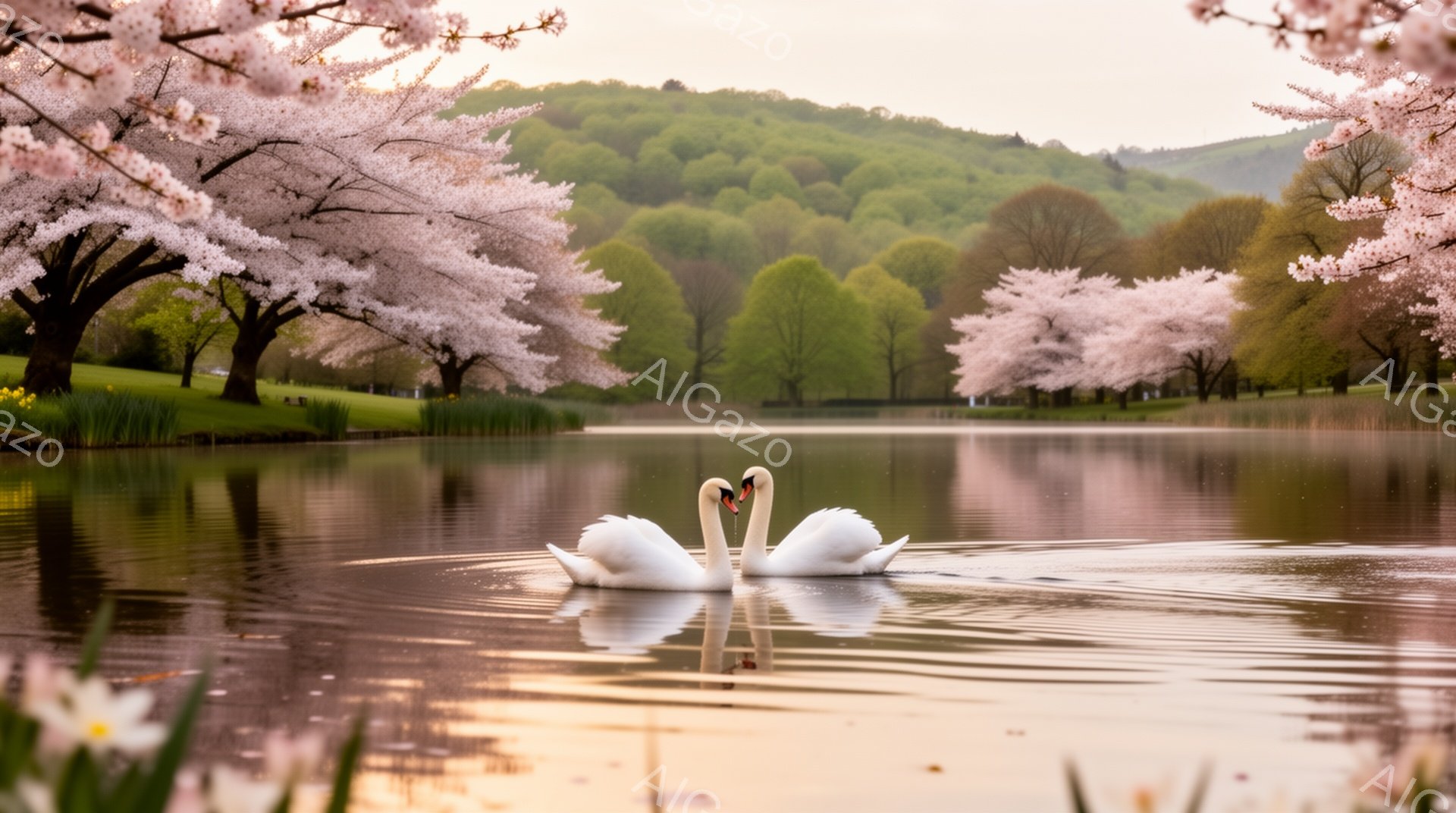 白鳥が寄り添いながら穏やかな湖上を進んでいる。背景には桜並木が咲き誇り、春の穏やかな雰囲気を醸し出している。光の反射が水面にきらめき、幻想的な風景を作り出している。 - AI生成フリー素材