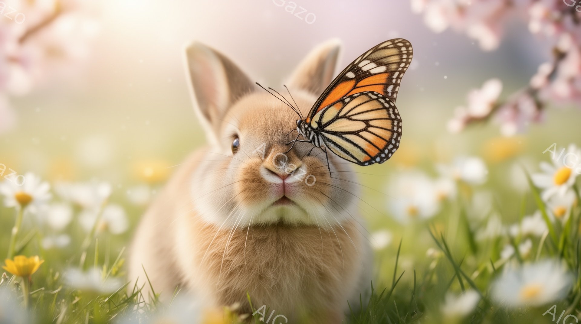柔らかい毛並みの茶色のウサギが、鮮やかなオレンジ色の蝶を鼻に乗せています。周囲には白い花が咲き乱れ、春らしい穏やかな雰囲気です。背景はぼやけており、ウサギと蝶が際立っています。 - AI生成フリー素材