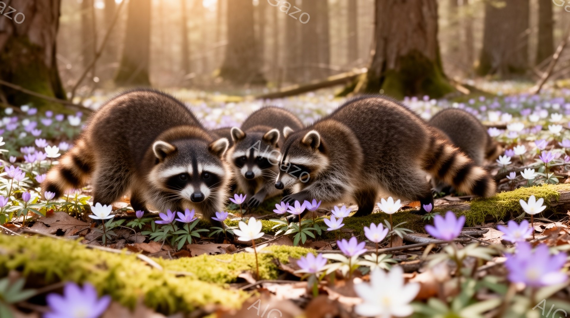 アライグマたちが紫色の花々が咲き乱れる森の中で、地面に鼻を付けて何かを探しています。暖かく柔らかい光が差し込み、春の訪れを感じさせる穏やかな雰囲気です。緑の苔と落ち葉が、生き生きとした自然の様子を際立 - AI生成フリー素材